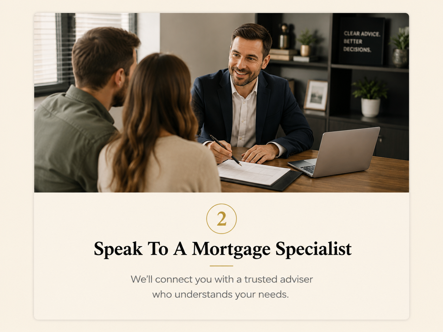A man in a dark suit and white shirt talking to a couple across a table during a mortgage consultation in an office with decorations and plants in the background.