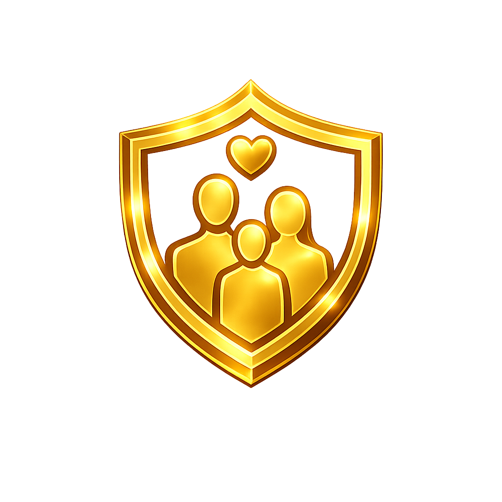 Gold shield emblem with a family of three and a heart symbol, representing protection and care.