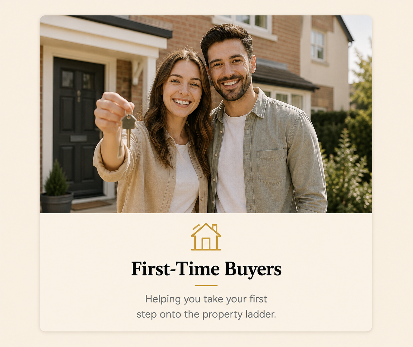 A happy couple standing outside a house, holding a set of keys, with a sign that says "First-Time Buyers" and a house icon, helping first-time homebuyers.