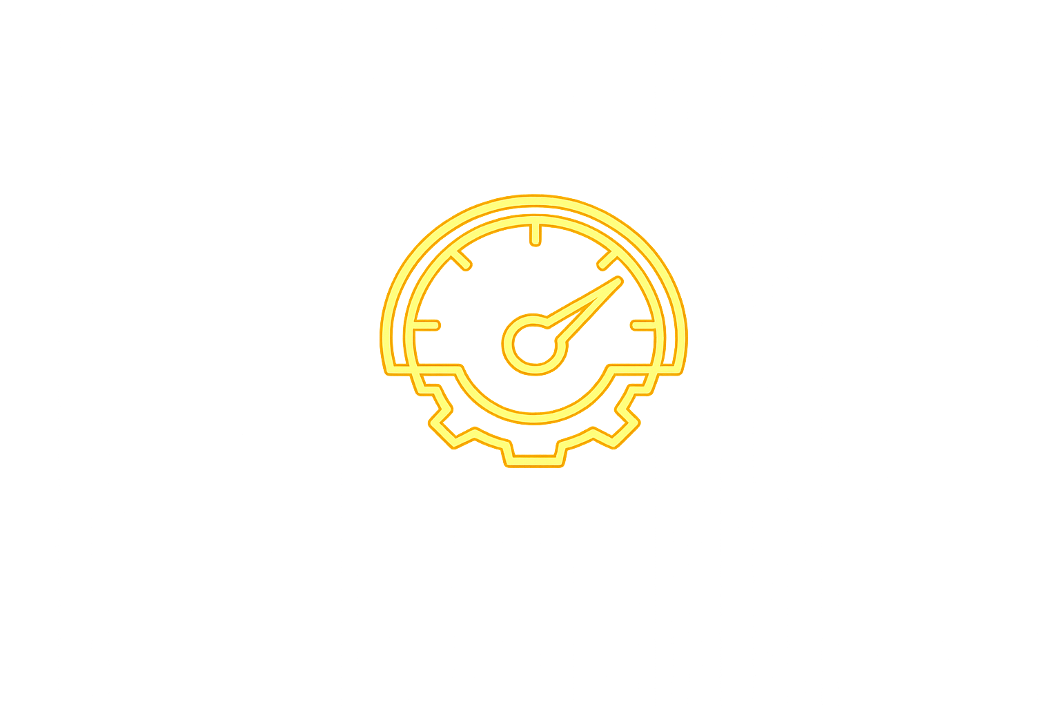 Neon yellow speedometer with a gear outline on a black background.
