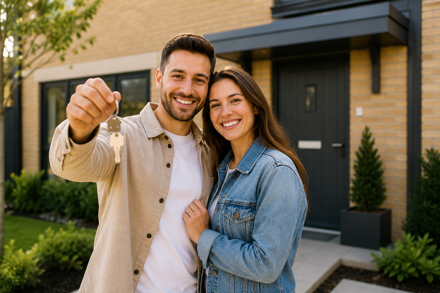 A happy couple standing outside their new home, holding a key towards the camera.