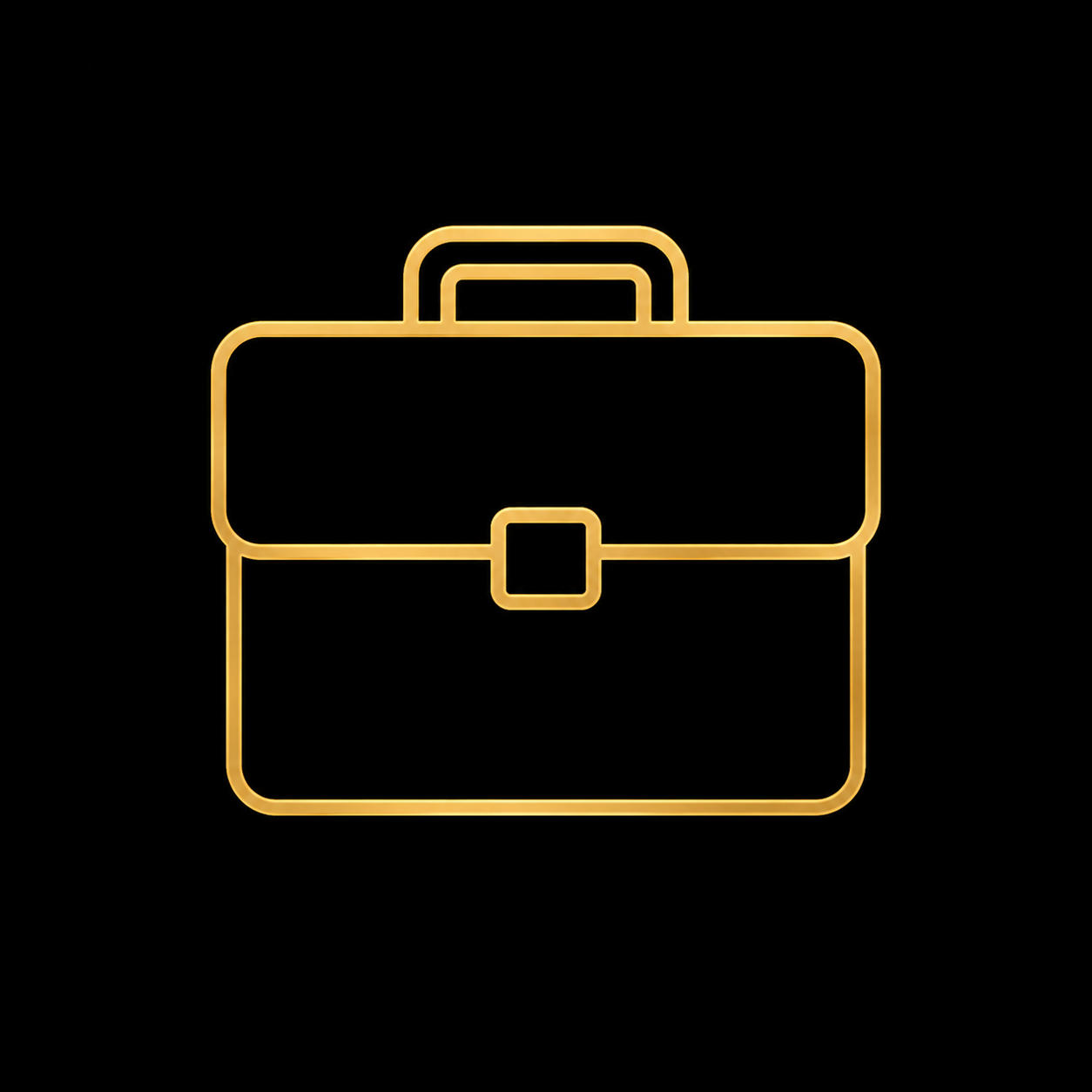 Neon gold outline icon of a briefcase on a black background.