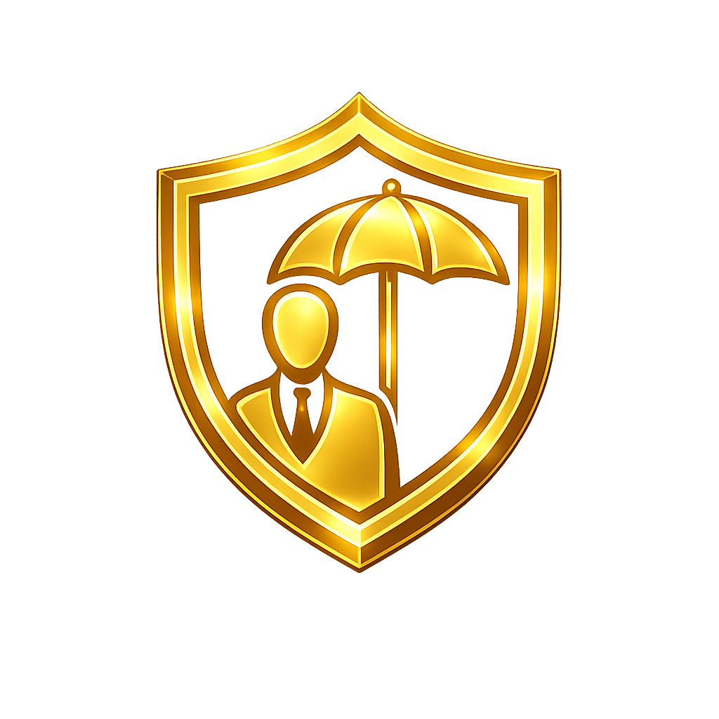 Golden badge with a person holding an umbrella, representing protection or insurance.