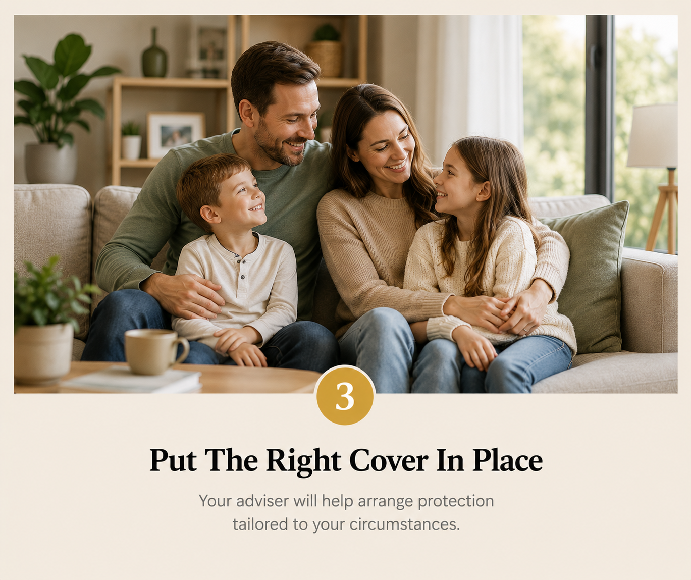 A family of four sitting on a beige couch in a brightly lit living room, smiling and embracing. The family consists of a man, woman, and two children, a boy and a girl. The room has green plants, picture frames, and a large window with sunlight streaming in.