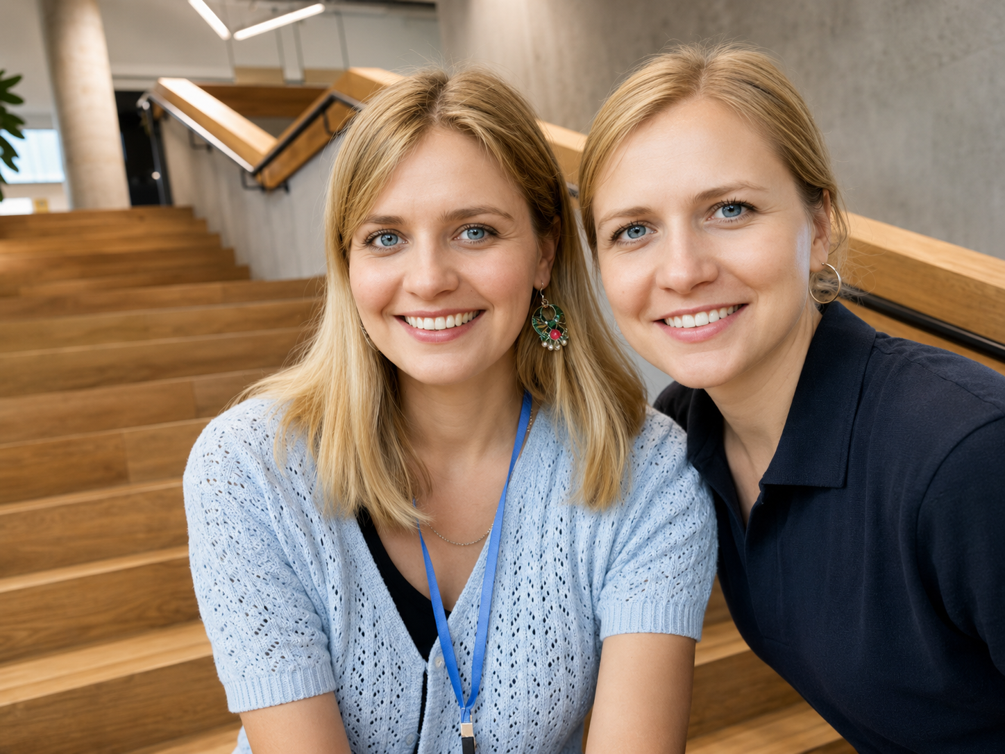 Two young women with blonde hair, blue eyes, smiling, in an indoor setting with wooden stairs and a concrete wall in the background.