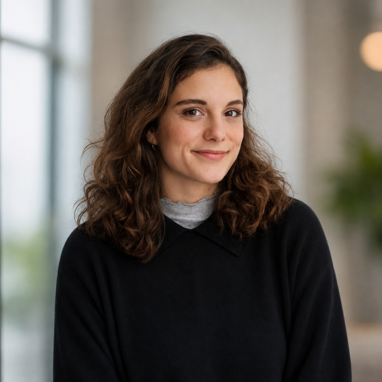A young woman with shoulder-length curly brown hair, smiling slightly, wearing a black sweater and a gray turtleneck, standing indoors with a blurred background of windows and green plants.