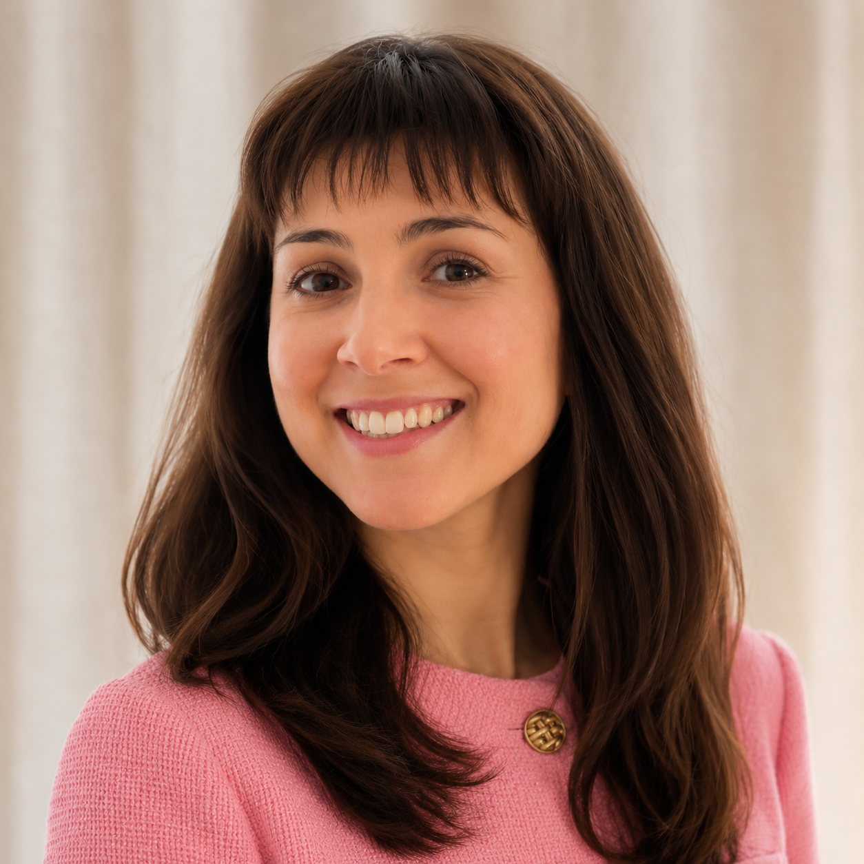 A woman with long brown hair and a pink sweater smiling at the camera.