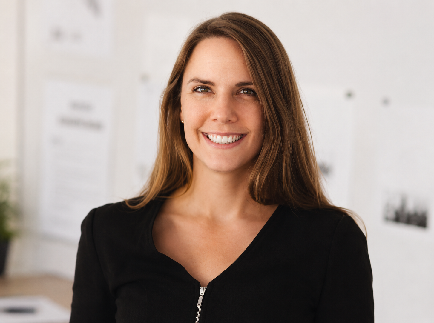 A smiling woman with long brown hair wearing a black top, indoors with a blurred white wall and decor in the background.