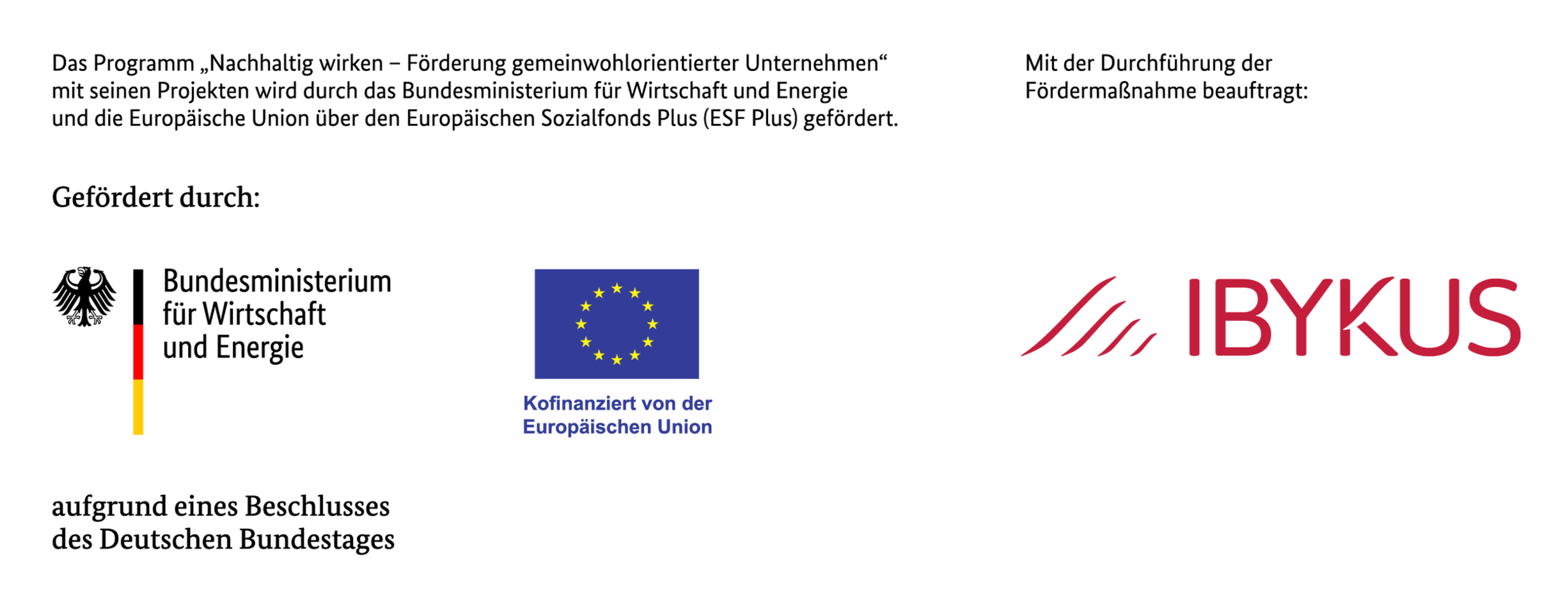 A German governmental document mentioning the program 'Sustainable Working - Promotion of Socially Oriented Companies,' with logos of the German Federal Ministry for Economic Affairs and Energy, the European Union, and the organization IBYKUS.
