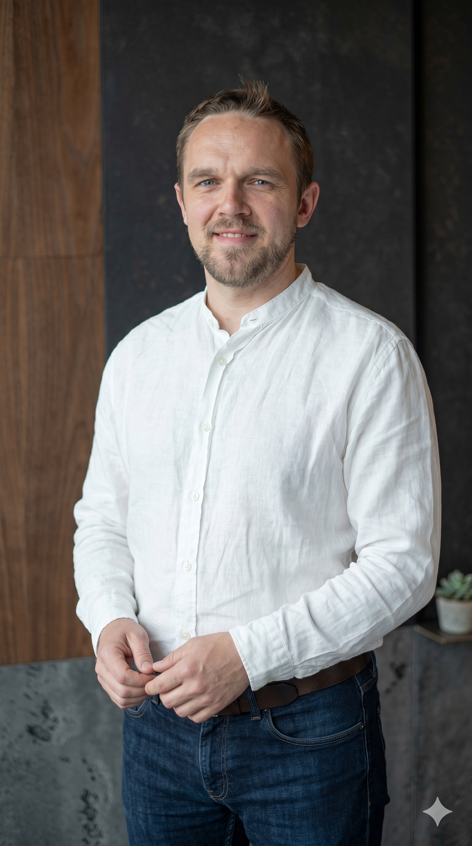 A man with short brown hair and a beard, wearing a white button-up shirt and blue jeans, standing indoors against a dark wall with wooden accents, smiling slightly and looking at the camera.