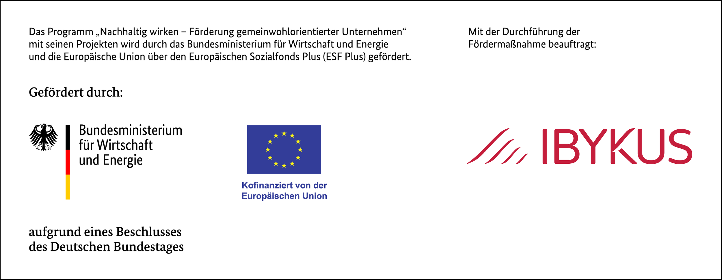 German government certification label with logos of the Federal Ministry for Economic Affairs and Energy, the European Union, and the organization Ibykus, with German text about a sustainable development program supported by the EU.