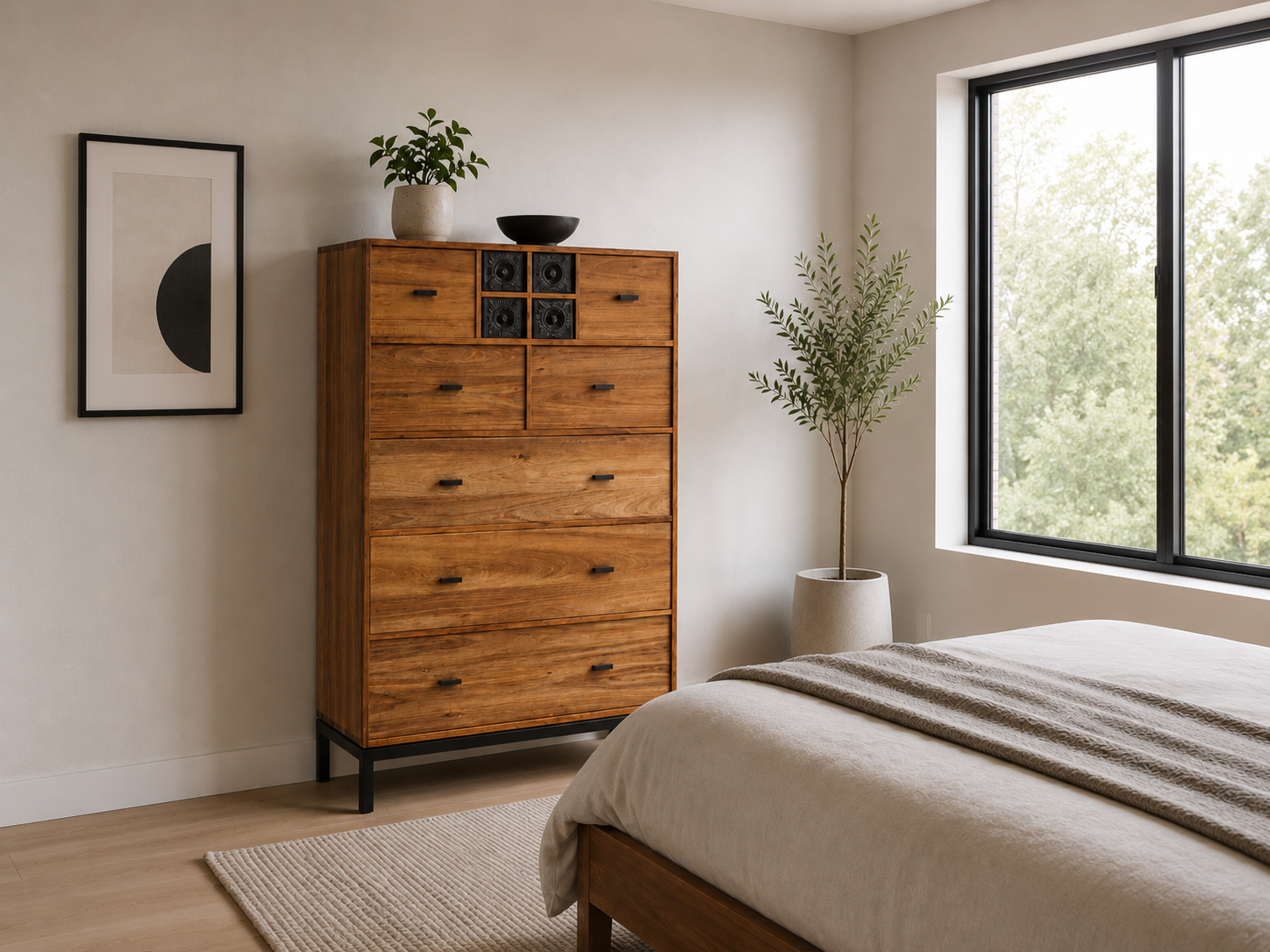 Example of the woodworking skills you can learn at Ground Up Workshops, featuring a handcrafted timber tallboy dresser and custom picture frame made using traditional woodworking techniques.