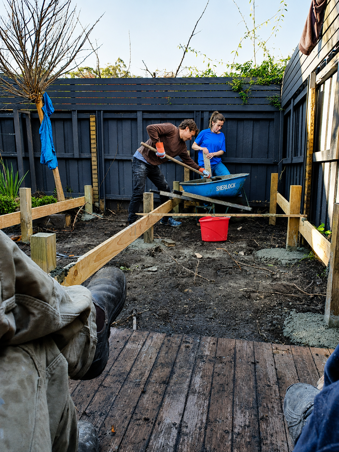 Mentorees working on a deck frame under Ground Up's mentorship program