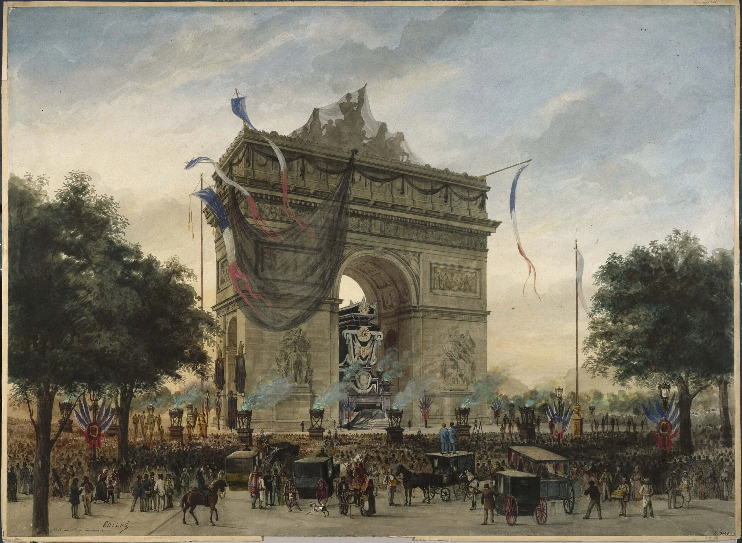   Funerals of Victor Hugo, the catafalque under the Arc de Triomphe, Georges-François Guiaud, 1885, watercolour, Collection: Carnavalet Museum, History of Paris  