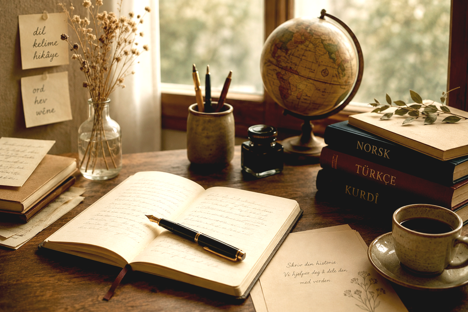 A wooden desk with an open notebook and a pen, a cup of coffee, several closed books including language dictionaries, a globe, a vase with dried flowers, sticky notes on the wall, and papers, near a window with natural light.