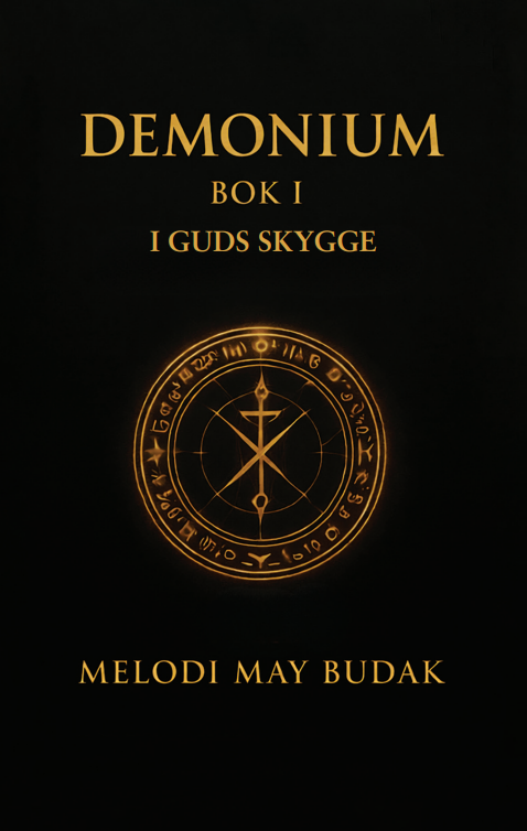 Book cover titled 'Demonium, Bok I, I Guds Skygge' by Melodi May Budak featuring a glowing, mystical symbol with a circle, runes, and geometric lines against a black background.
