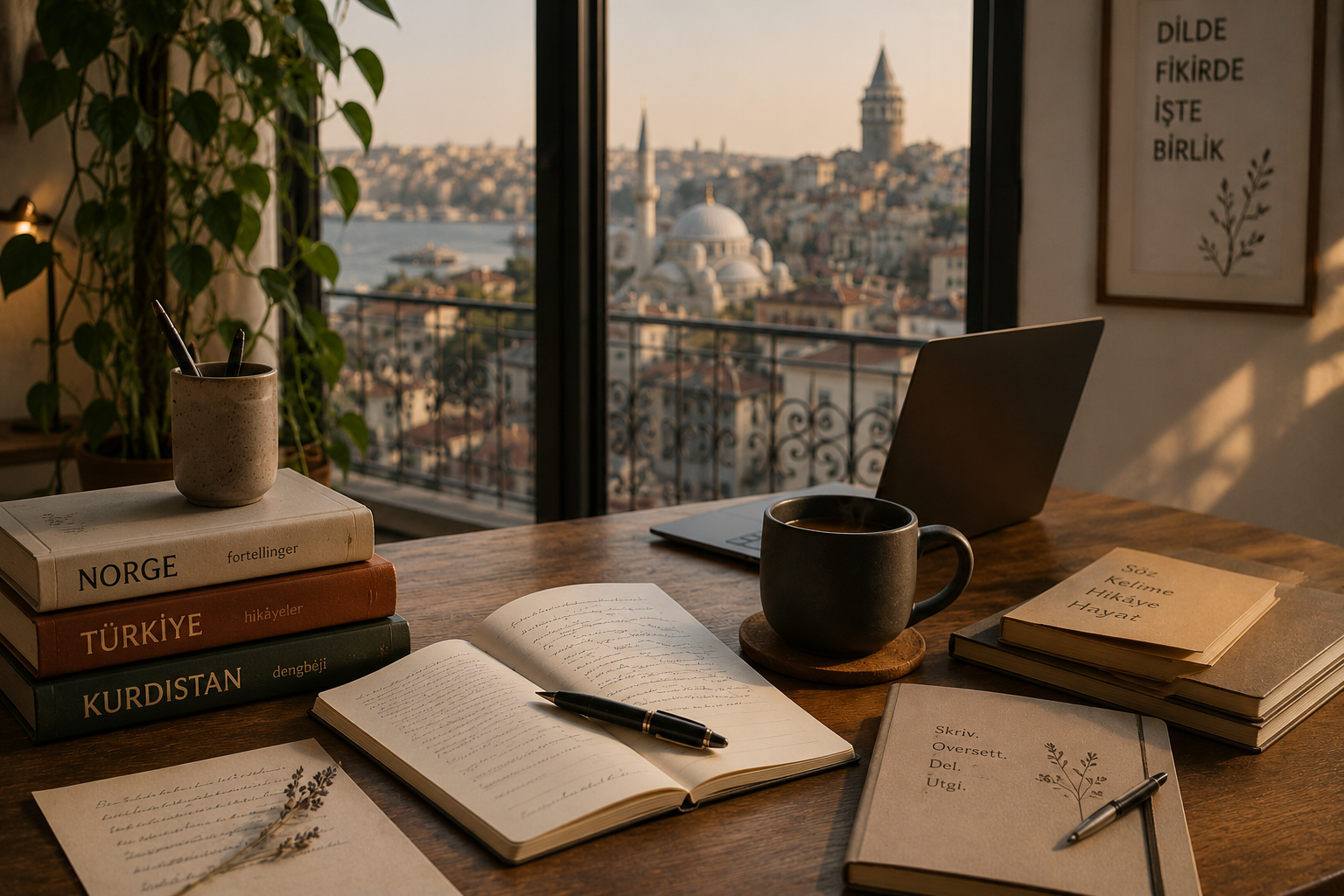 A desk with a laptop, several books, a notebook, a cup of coffee, and a pen, with a large window showing a view of Istanbul, including the Galata Tower.