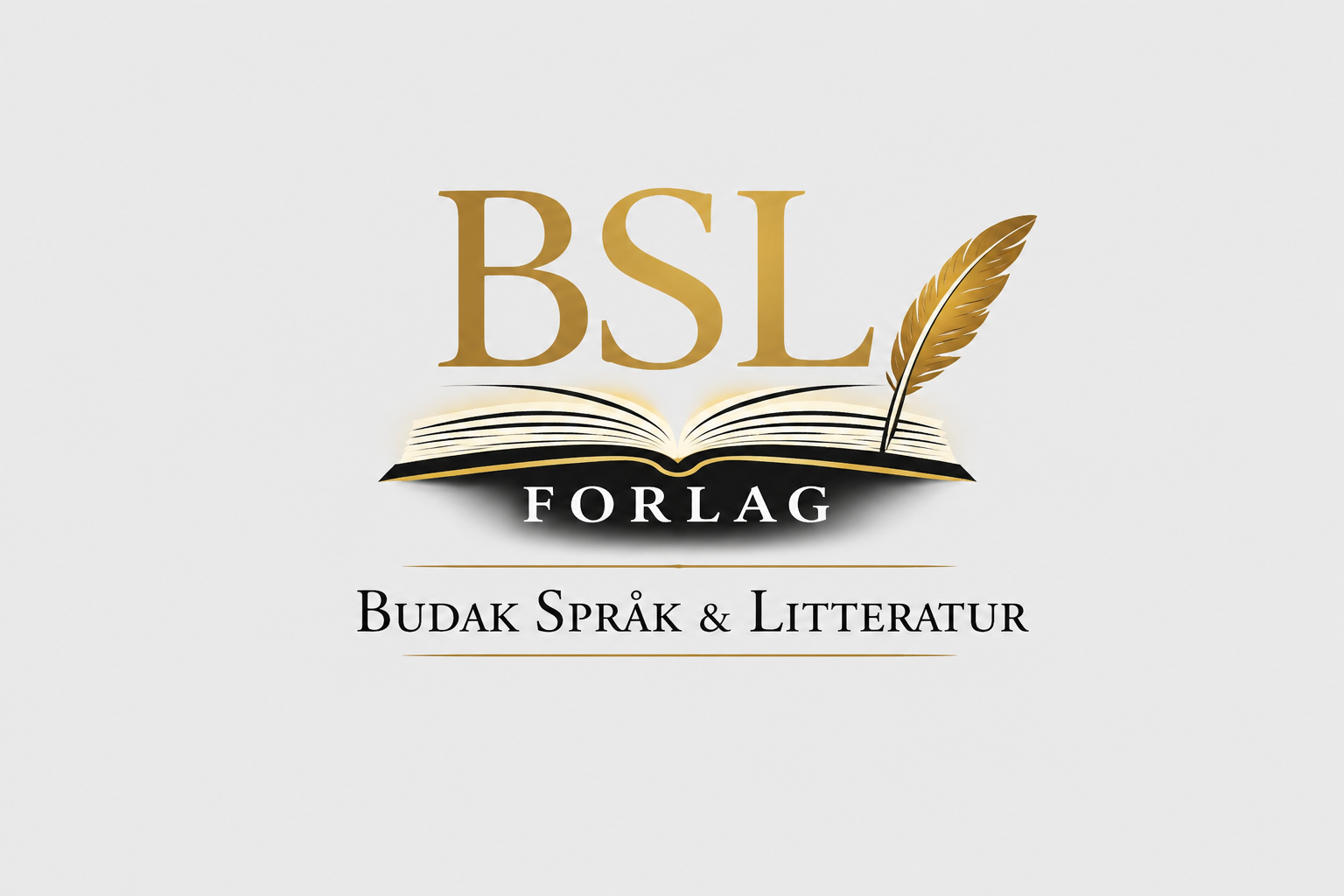 Logo of BSL Forlag, a publishing company, featuring an open book with a quill, with text 'BSL FORLAG' and 'Budak Språk & Litteratur'.