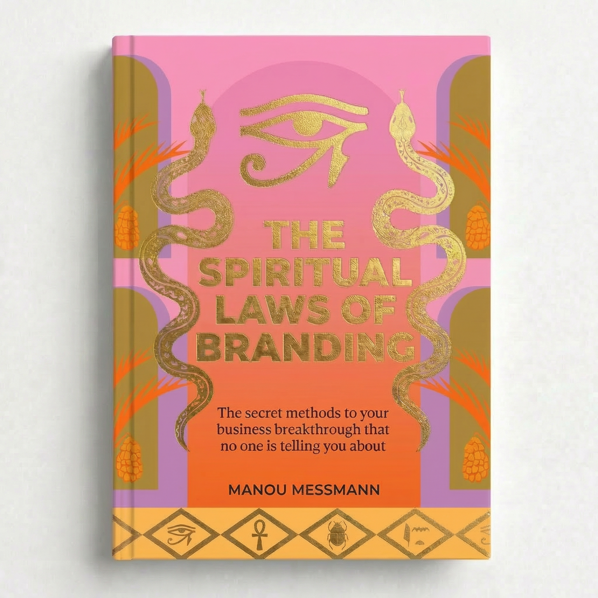 Book cover with pink background, gold Egyptian symbols and eye illustration, orange palm trees, and black text title and author's name.