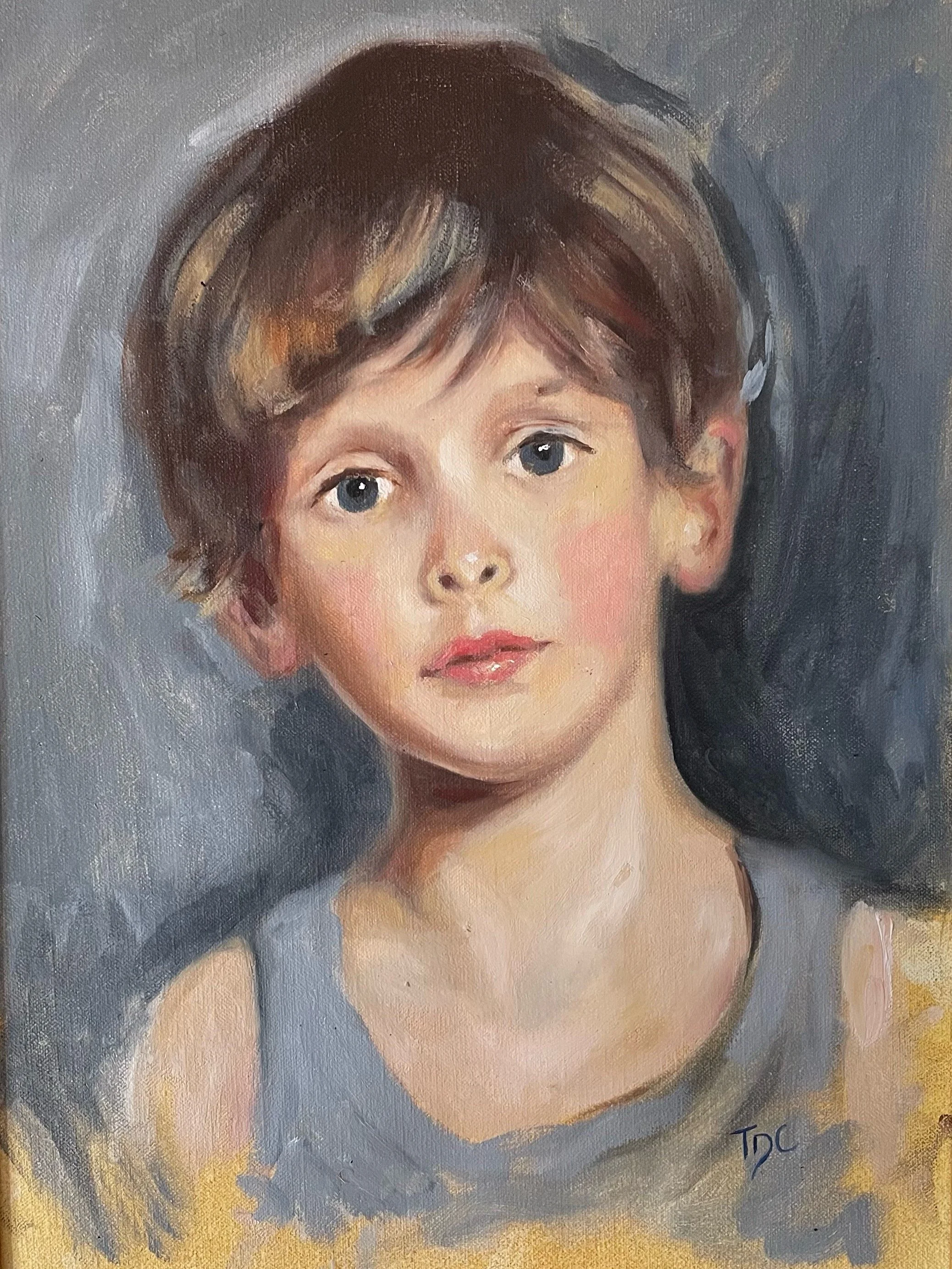 A portrait of a young girl with blue eyes, short brown hair, and a neutral expression, painted in an impressionistic style with visible brushstrokes.