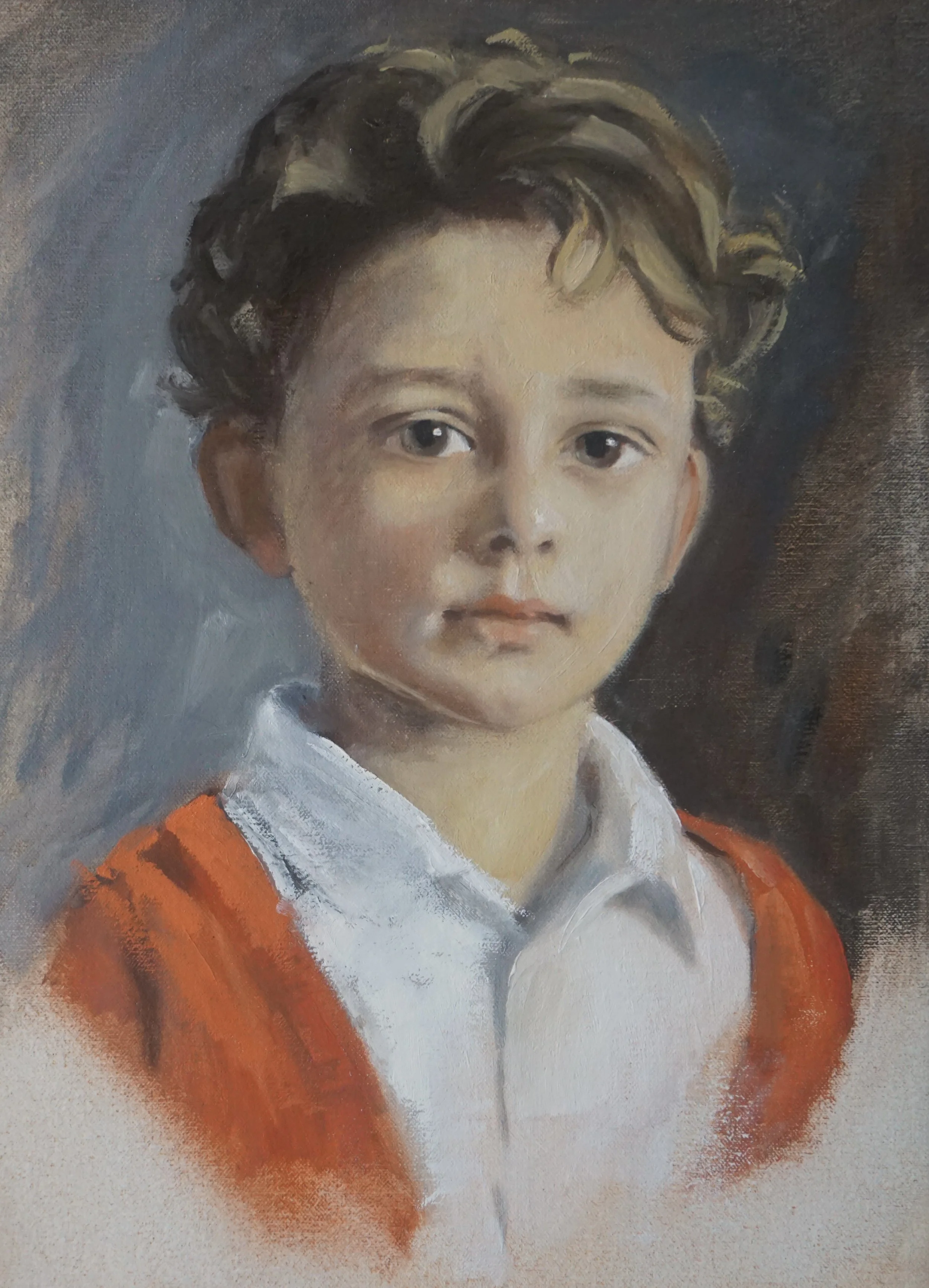 A realistic oil painting of a young child's face with curly hair, light skin, and wearing a white shirt with an orange jacket.