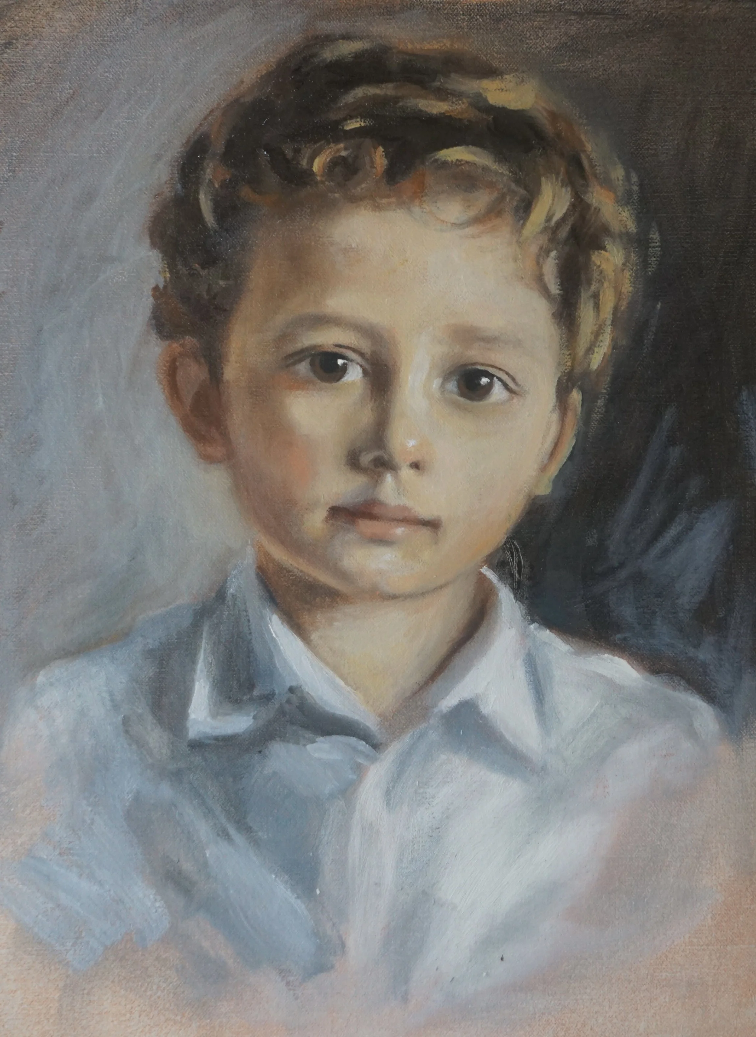A realistic oil painting portrait of a young boy with curly hair, brown eyes, and a white collared shirt, set against a muted background.