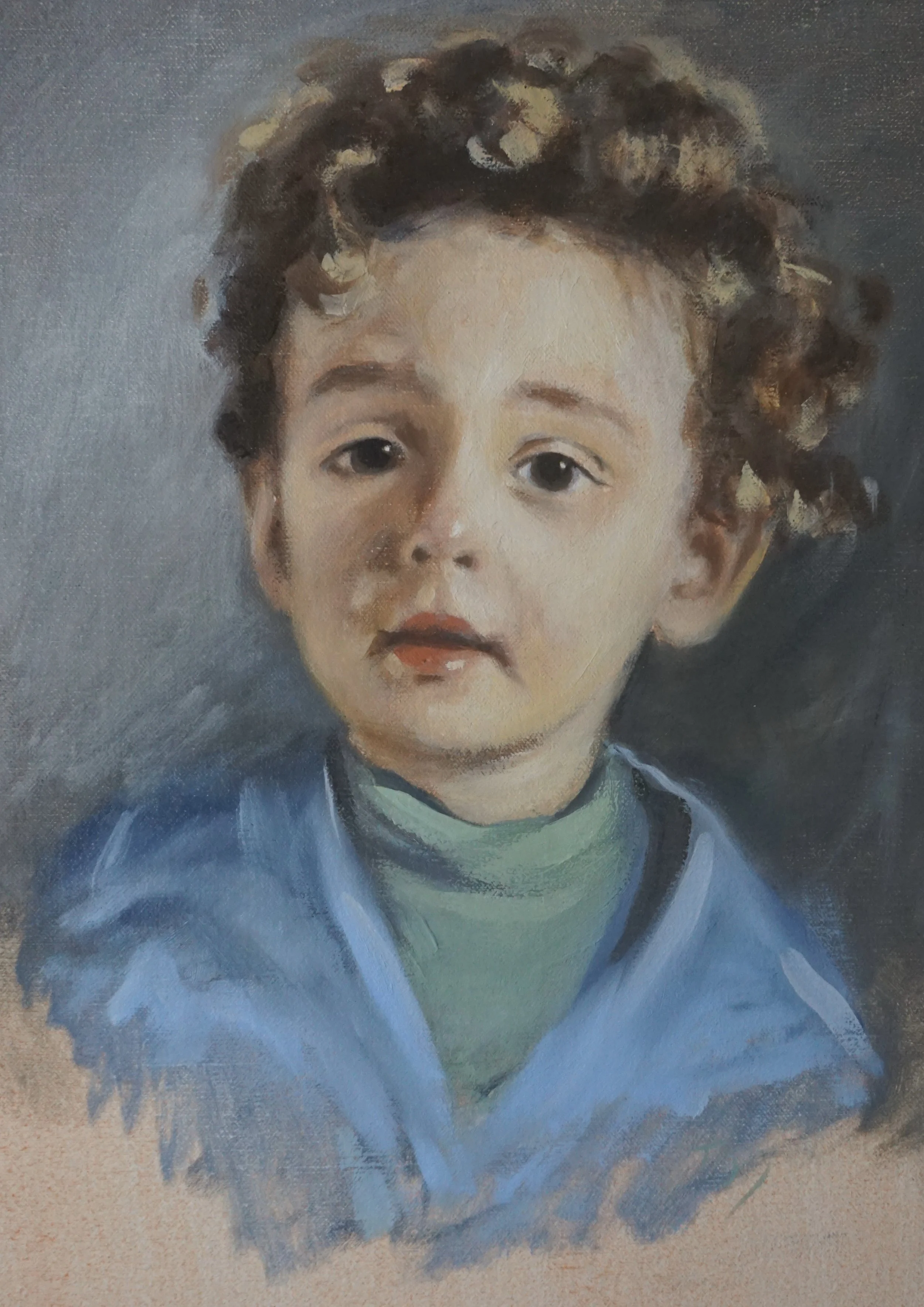 A portrait painting of a young boy with curly hair, wearing a blue jacket and a green shirt, against a dark background.