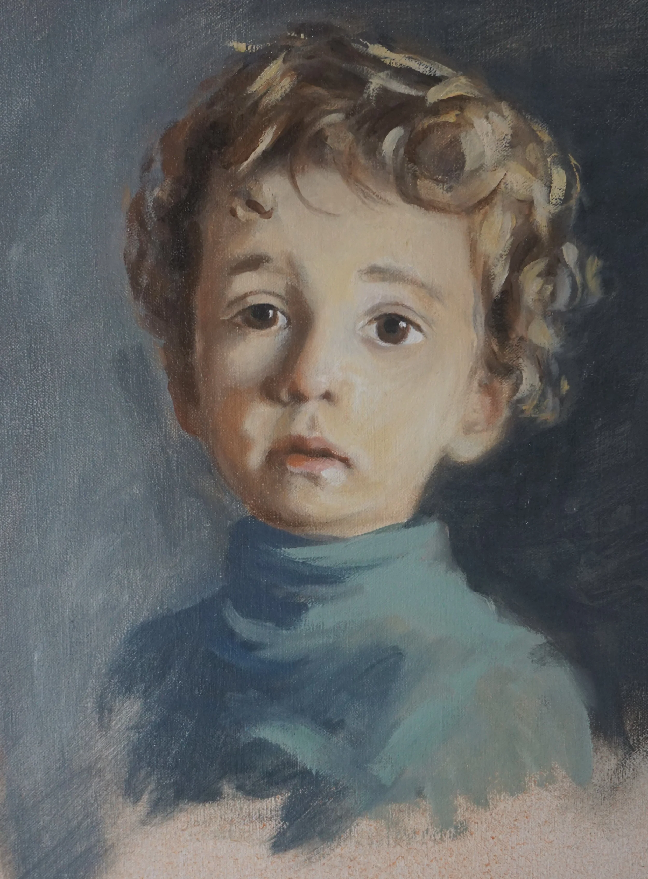 A close-up of a young child's portrait painted in a realistic style with curly hair, large dark eyes, and a serious expression, wearing a blue shirt.