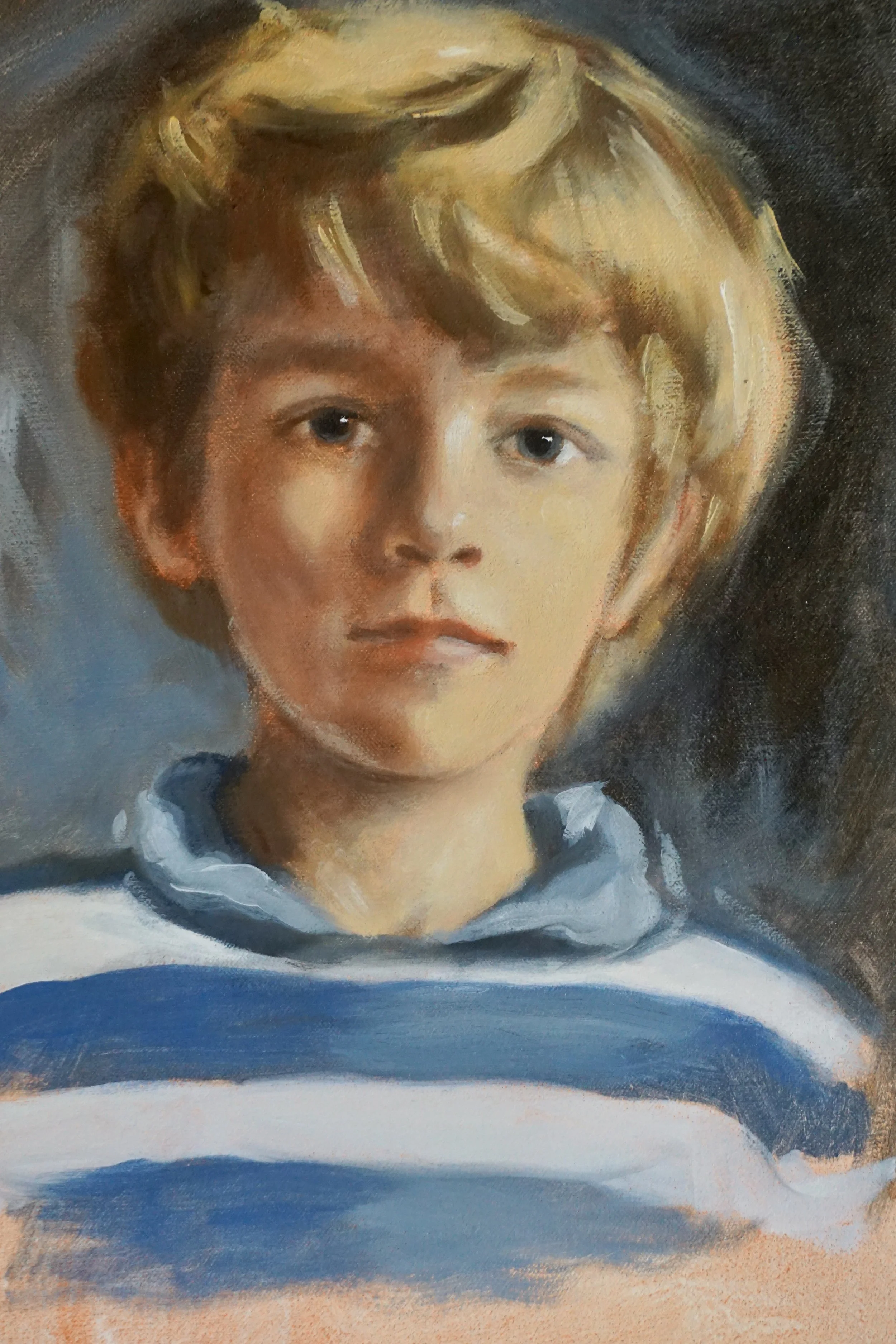 Painting of a young boy with blonde hair wearing a blue and white shirt.