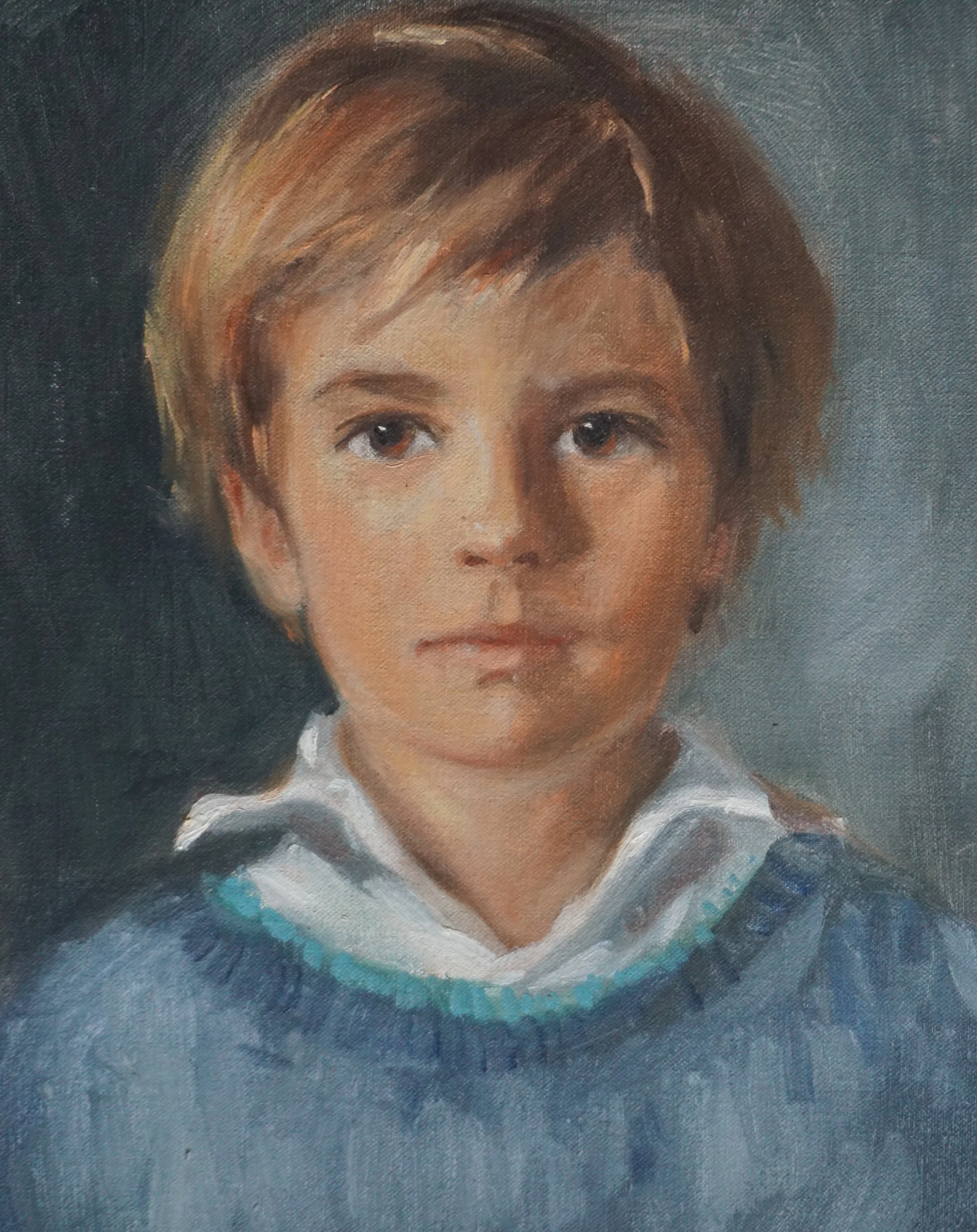 A close-up painting of a young girl with short hair, wearing a hoodie, with a serious expression.