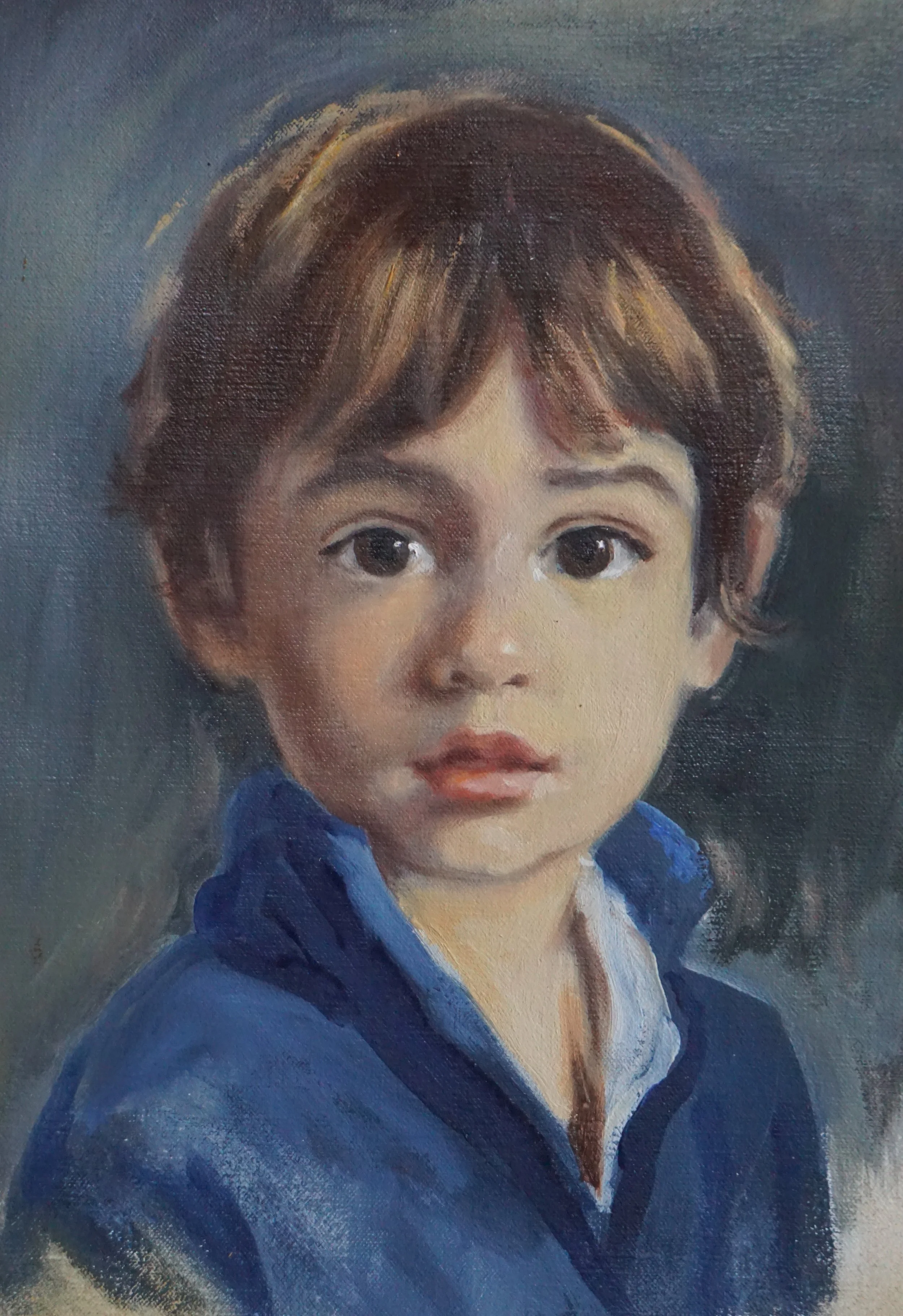 A portrait painting of a young boy with brown hair and large, expressive eyes, wearing a blue sweater and collared shirt.