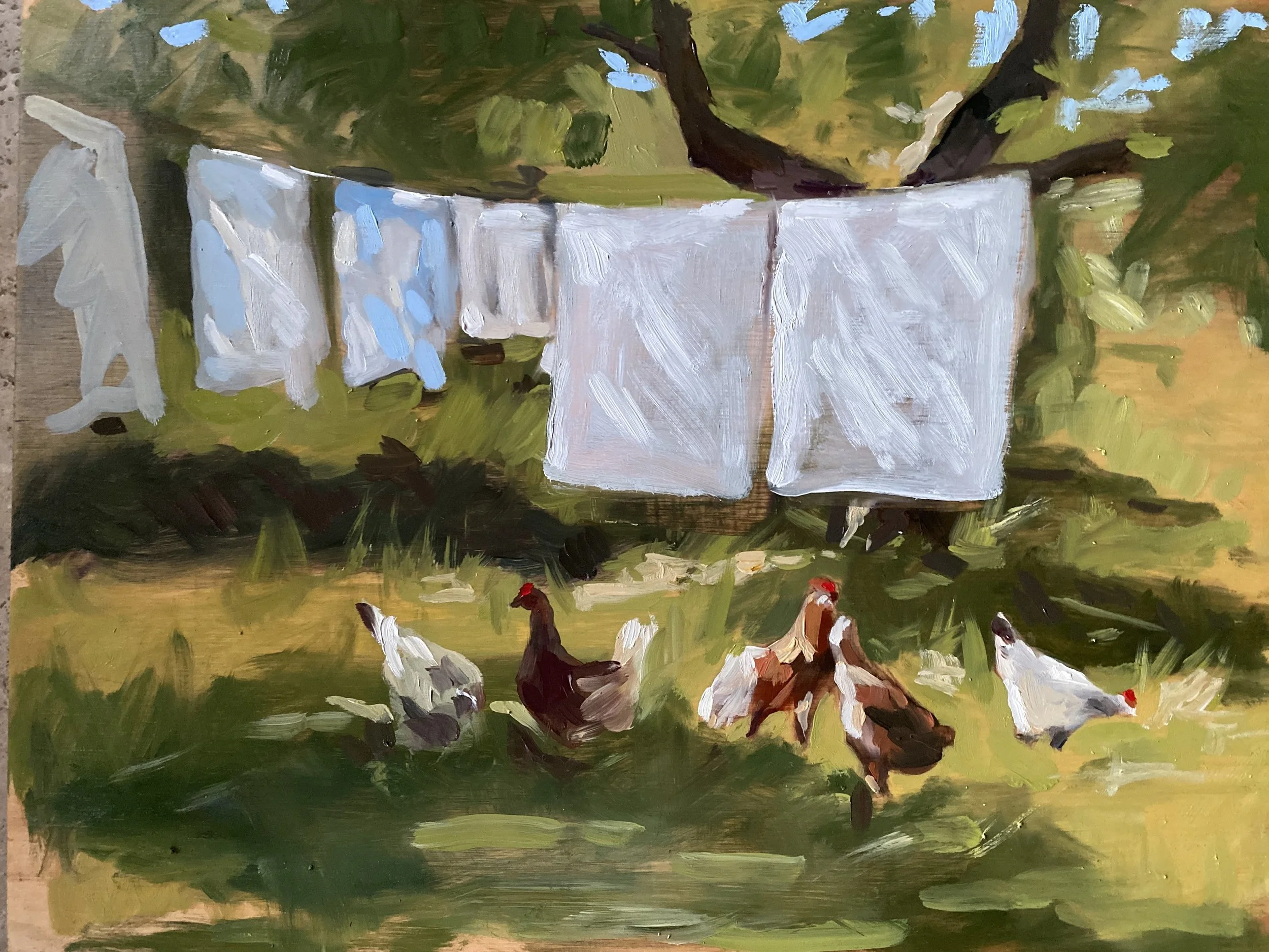 An impressionistic painting of a park scene with green trees, a white table, and four figures sitting around it.