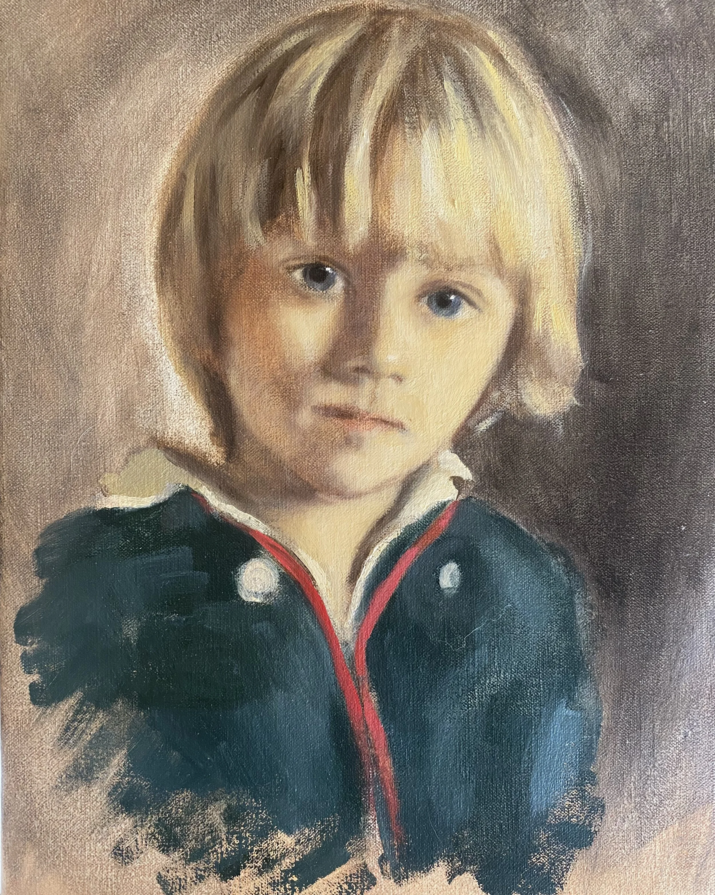 Close-up of a portrait painting of a young girl with blonde hair and blue eyes, wearing a dark green collared jacket with a red zipper.
