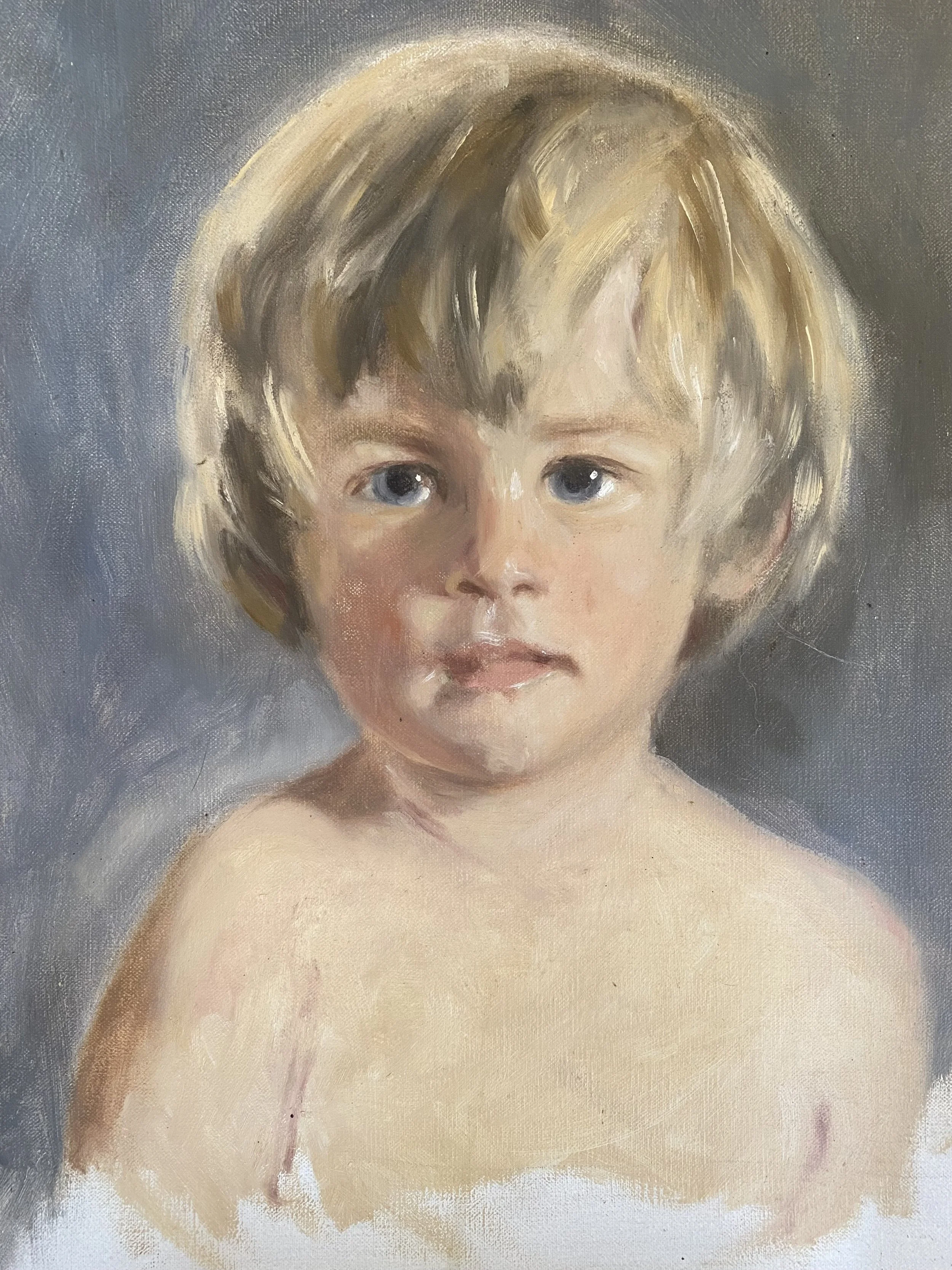 A portrait of a young child with blonde hair and blue eyes, painted in a realistic style with soft brushstrokes and a muted background.