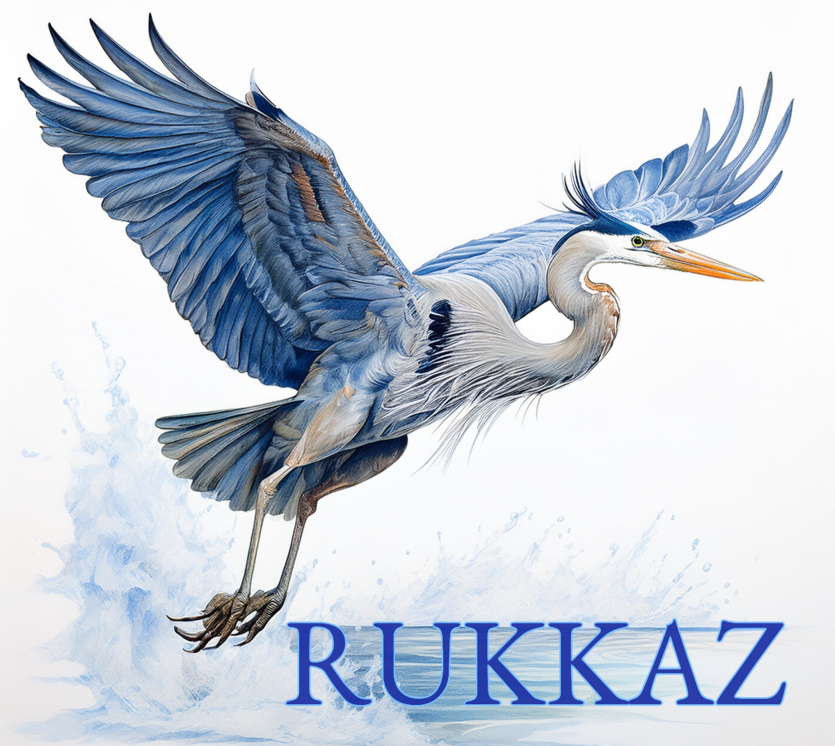 A real photo turned into Illustration art of a great blue heron flying over water with splashes, and the word "RUKKAZ" written in bold blue letters at the bottom.