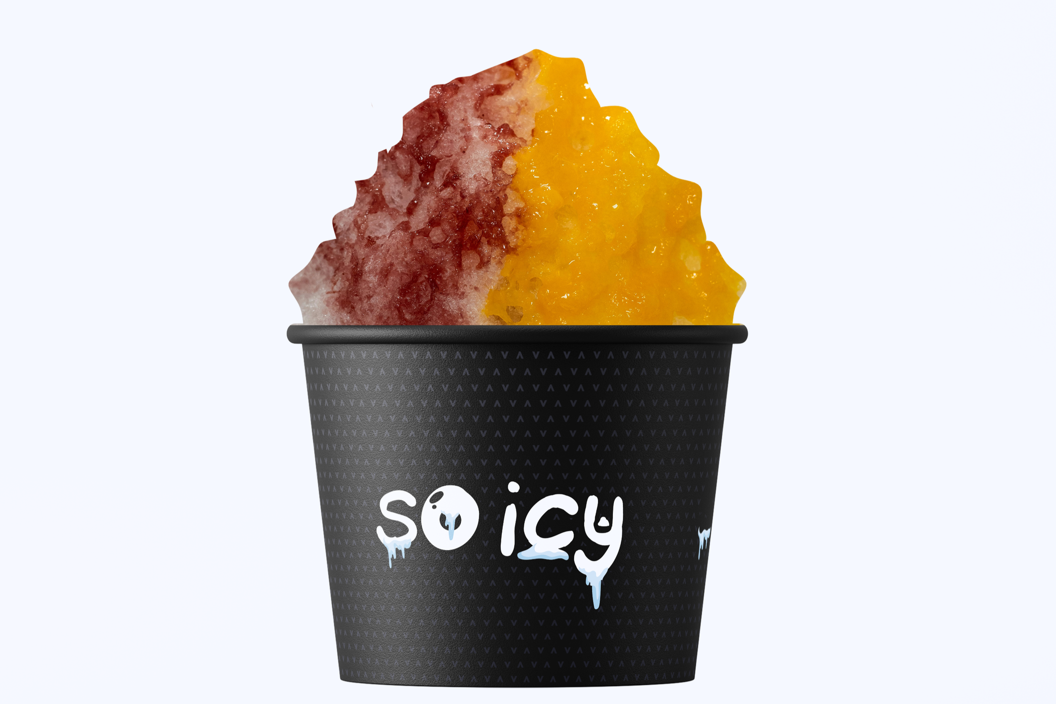 A cup of frozen fruit sorbet with red and yellow flavors, in a black cup with a logo that says 'SICU'.