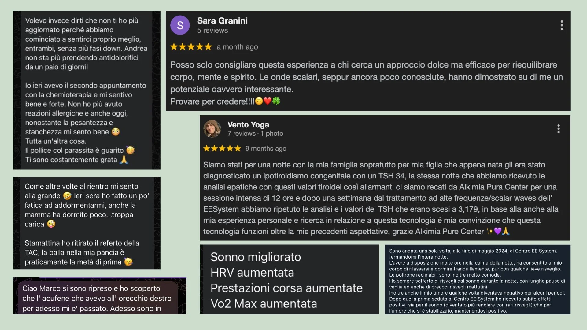 Recensioni e storie di pazienti che condividono esperienze positive riguardo a trattamenti di salute e benessere, inclusi miglioramenti nei livelli di energia, riposo e benessere generale.