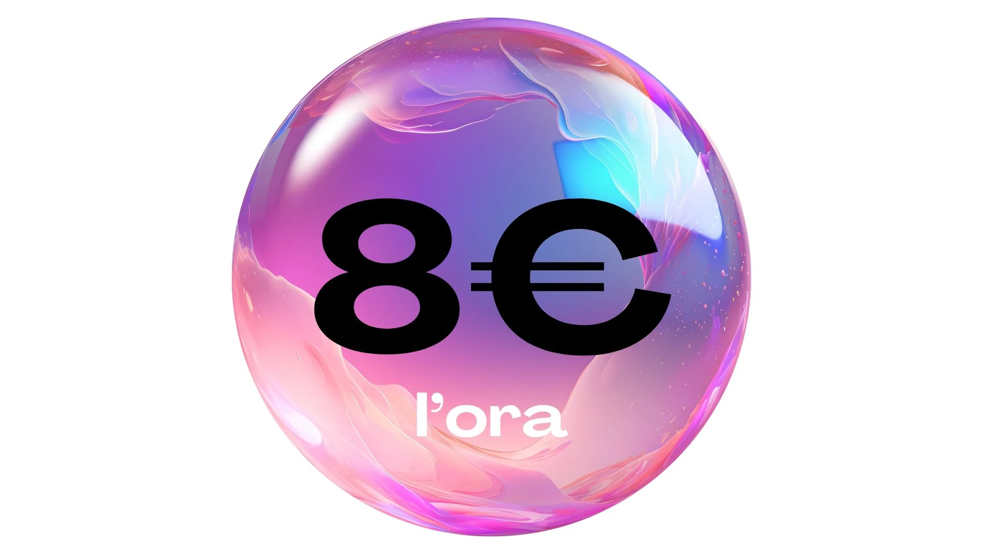 Immagine di una sfera colorata con sfumature di rosa, viola e azzurro e il prezzo di 8 euro sovrapposto in caratteri neri e grandi. Parole in italiano parzialmente visibili sotto la sfera.