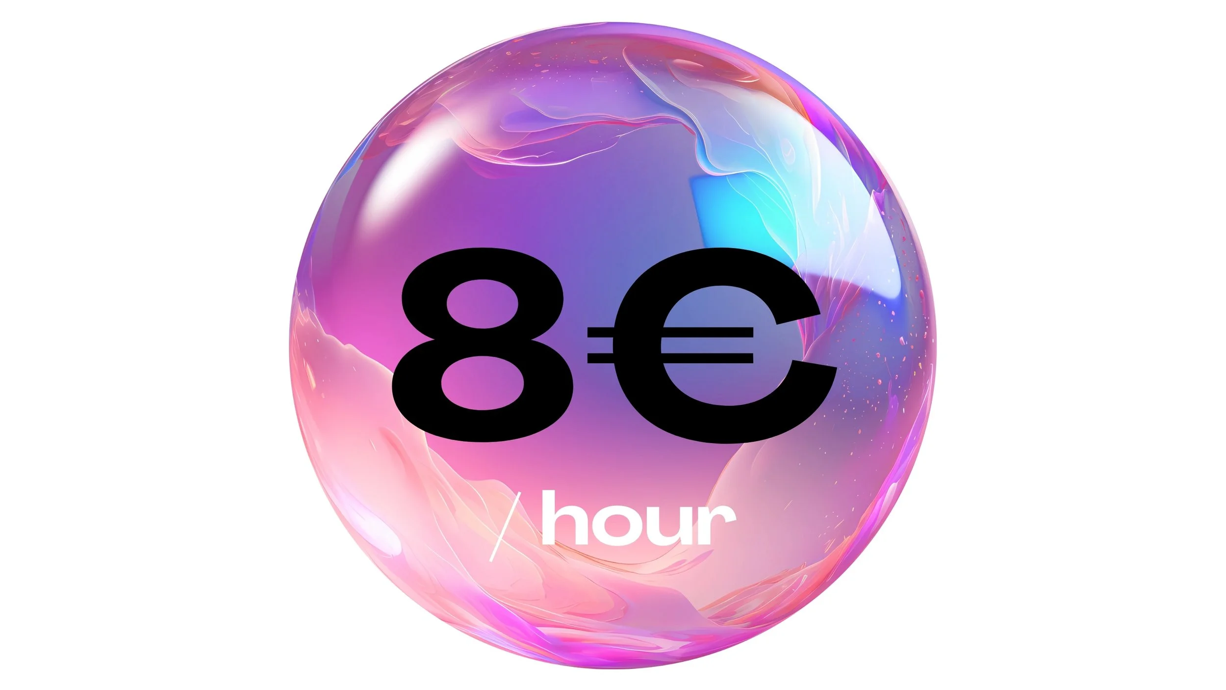 Bolla di vetro colorata con un prezzo di 8 euro scritto sopra e la parola 'hour' leggermente visibile