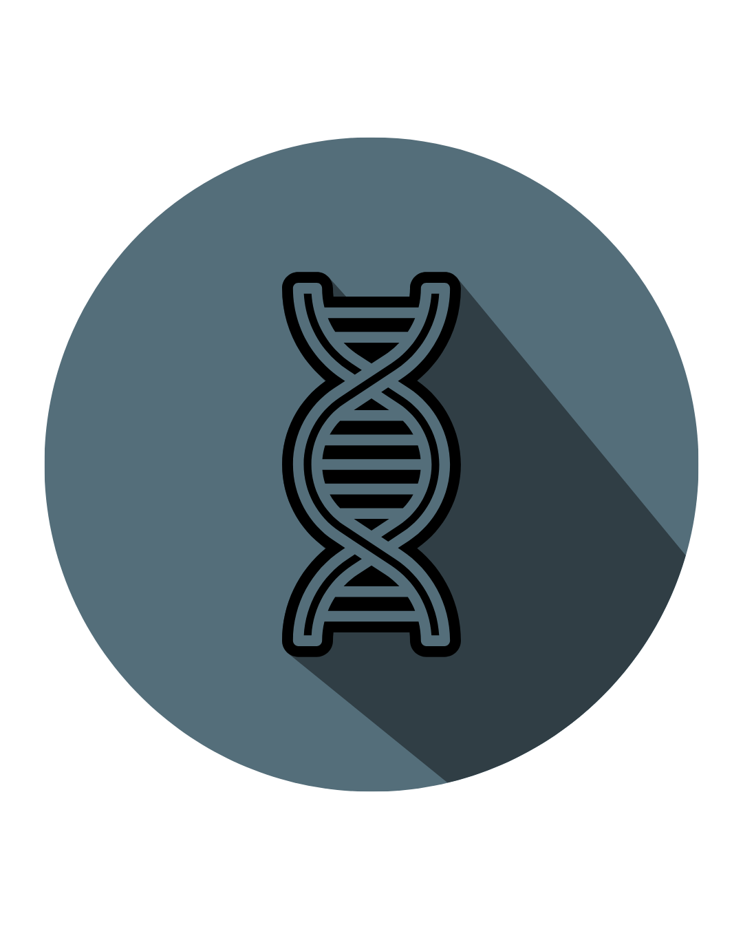Icona di una doppia elica di DNA stilizzata, simbolo di biohacking nero, su sfondo circolare grigio scuro con ombra lunga.