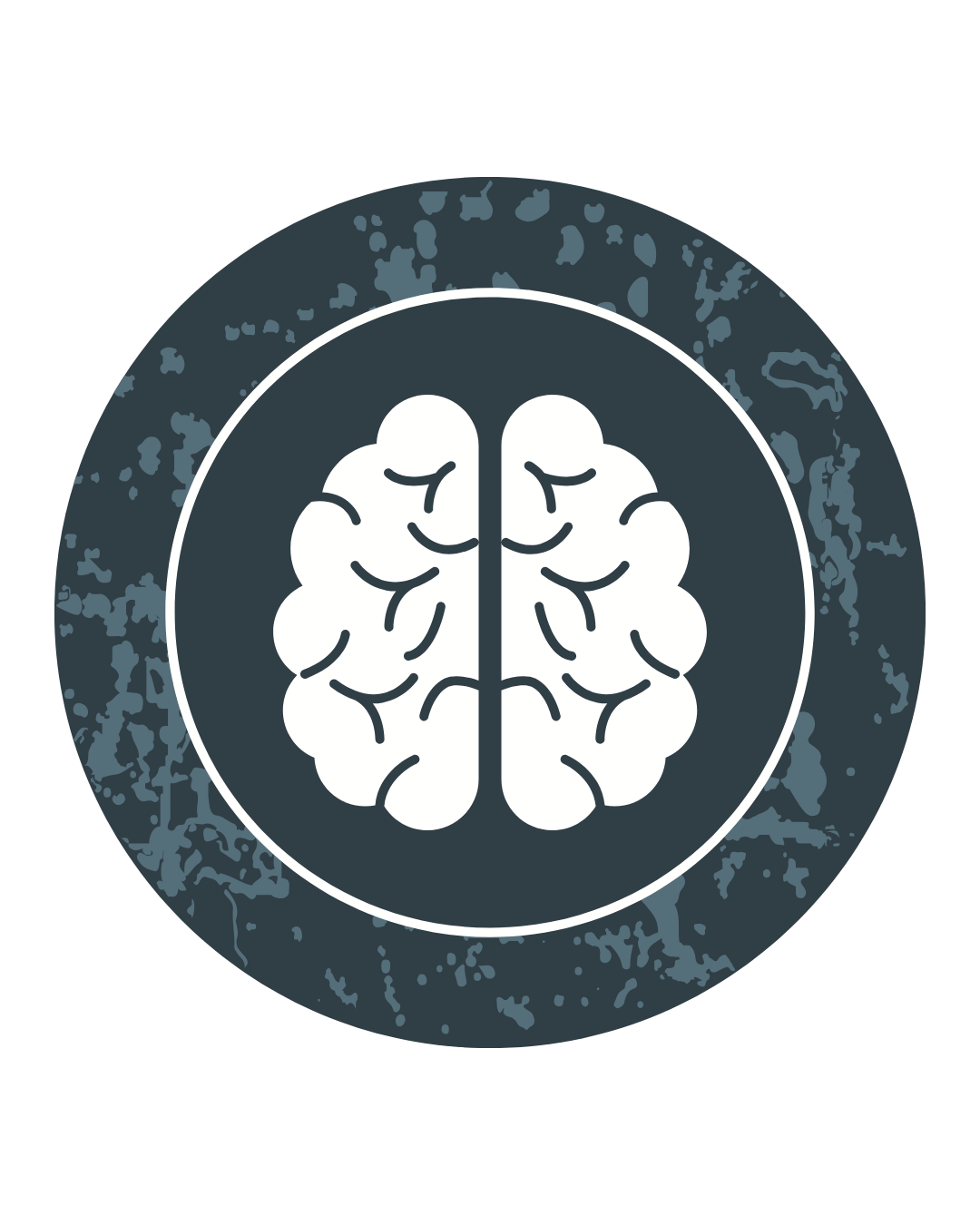 Simbolo stilizzato di un cervello bianco rappresentando la riprogrammazione del subconscio su sfondo nero con cerchi concentrici e texture astratta