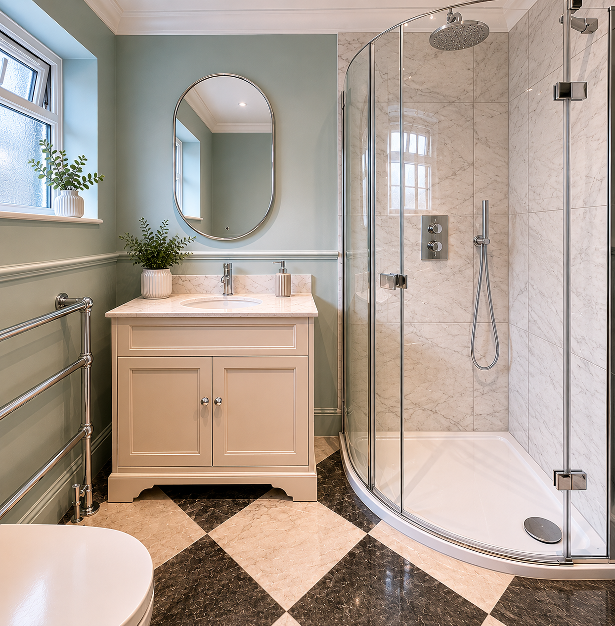 traditional yet contemporary bathroom contemporary chrome fittings and taps cream traditional under-sink unit large walk-in shower with rounded screen oval backlit infrared mirror chrome riser shower