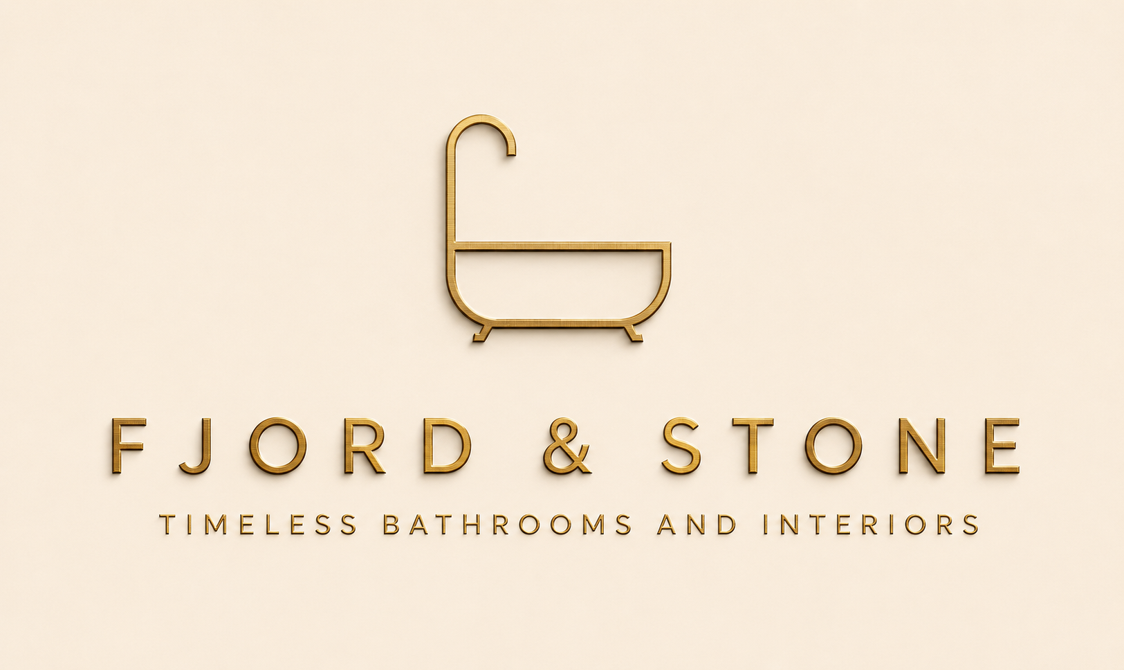 Logo for Fjord & Stone, a company specializing in timeless bathrooms and interiors, featuring a gold outline of a vintage bathtub above the company name in gold text, on a beige background.