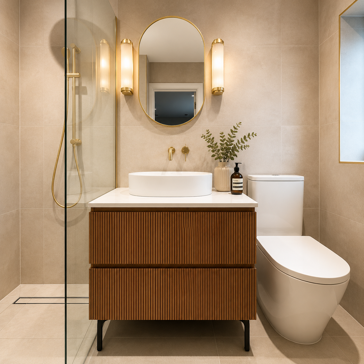 contemporary bathroom suite with walk-in shower cubicle shower screen free hanging textured vanity cupboard countertop stone wash basin brushed brass fittings and taps oval mirror with side lights
