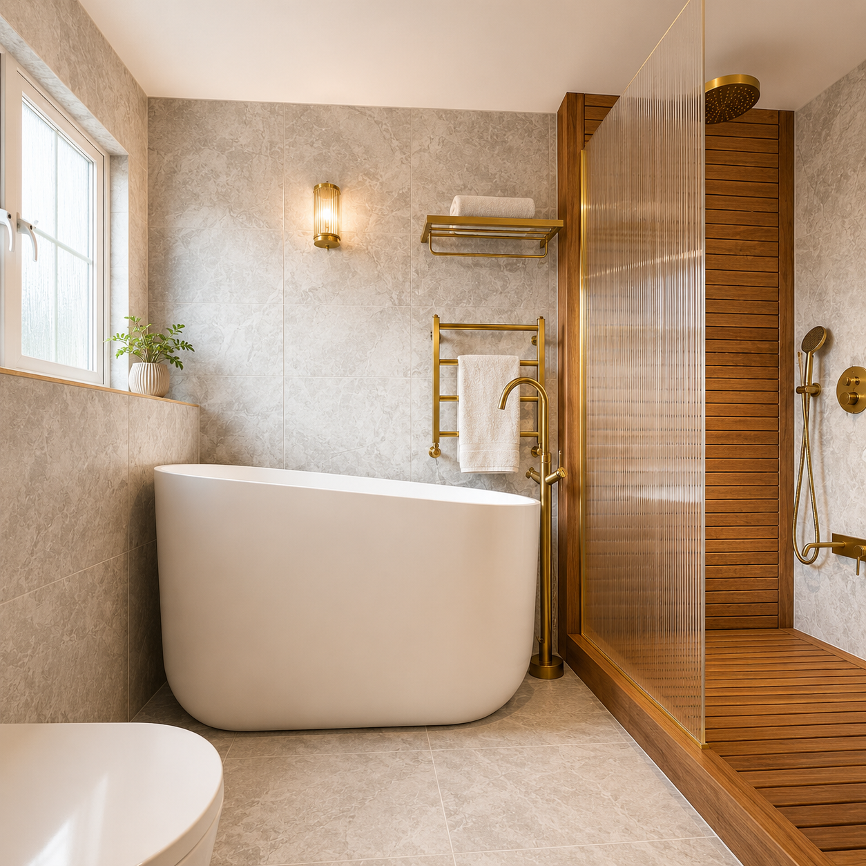 elegant and stylish sloped free-standing bath with free-standing brass taps large marble wall and foor tiles slatted wooden shower cubicle floor and back with fluted shower screen brass riser shower and taps brass towel radiators