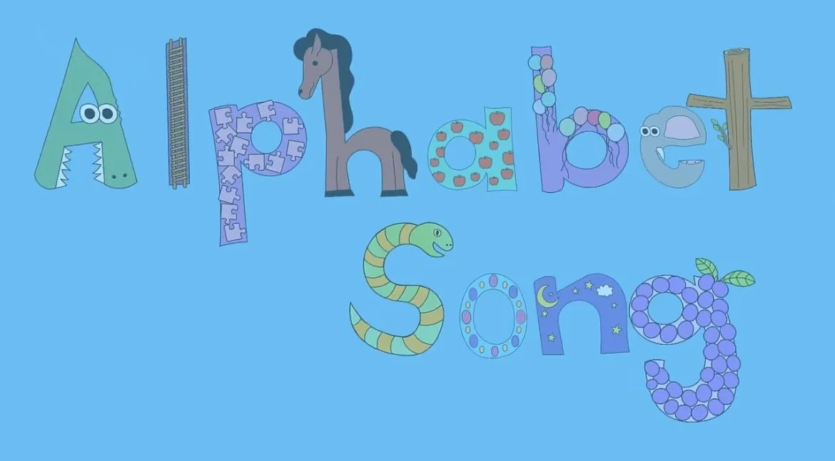 Colorful alphabet letters with animals, objects, and nature themes on a blue background, spelling out "Alphabet Song."