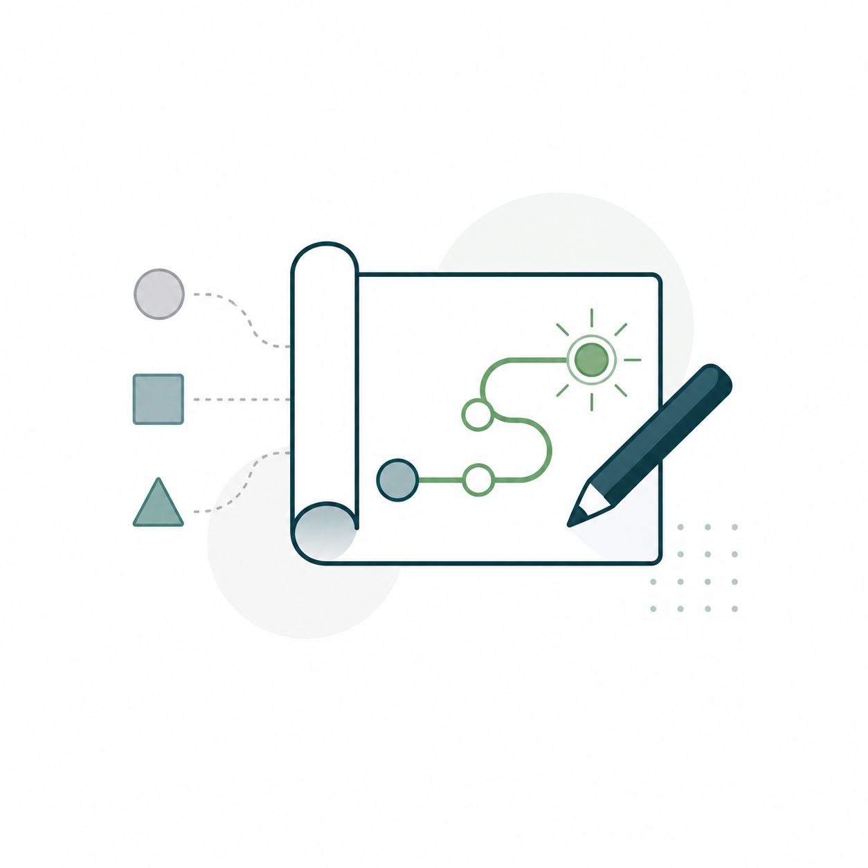 Digital illustration of a robotic arm and a flowchart on a screen with a stylus, featuring geometric shapes and connecting lines.