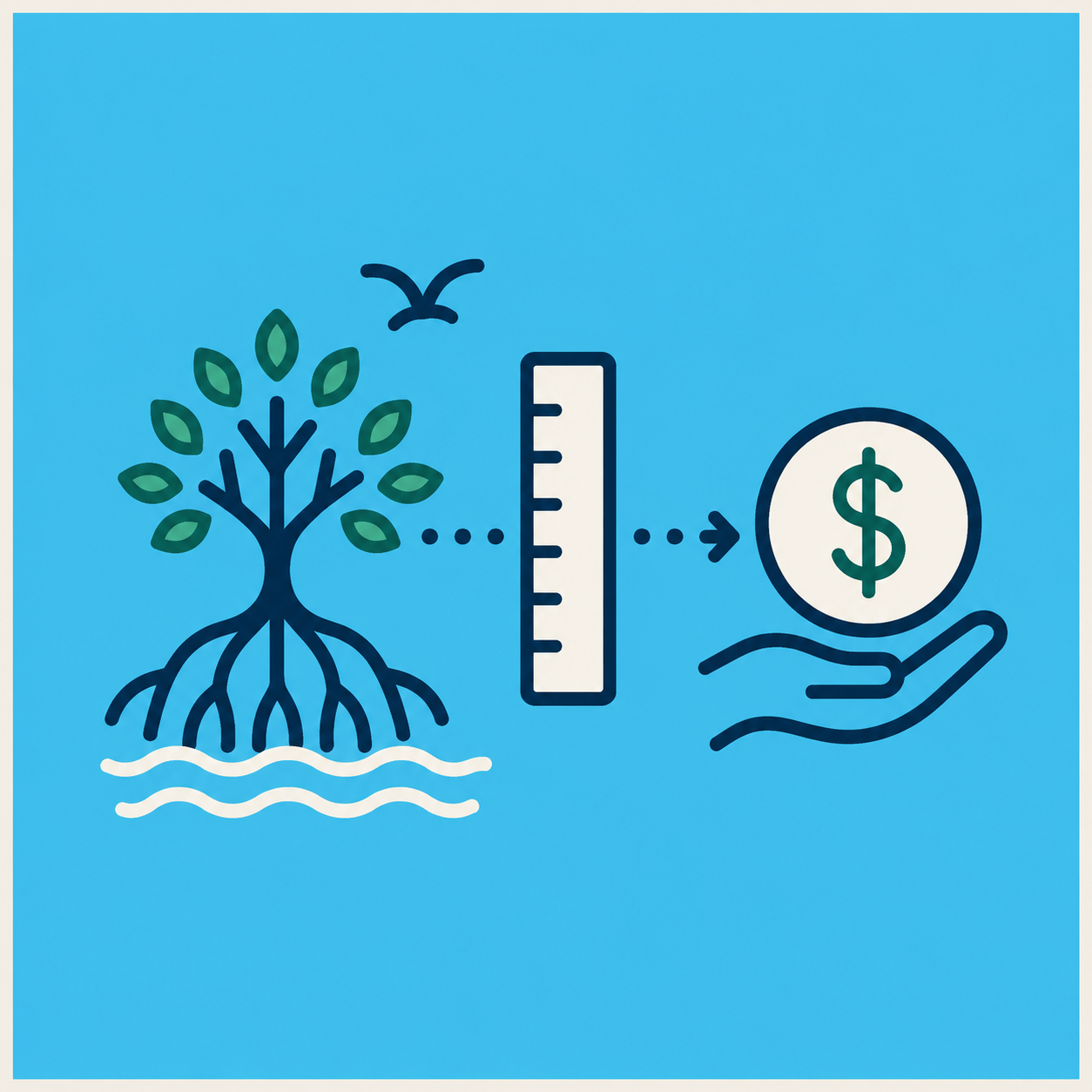 Illustration of a tree's roots and leaves, a ruler, and a hand holding a dollar sign, symbolizing growth and financial value.