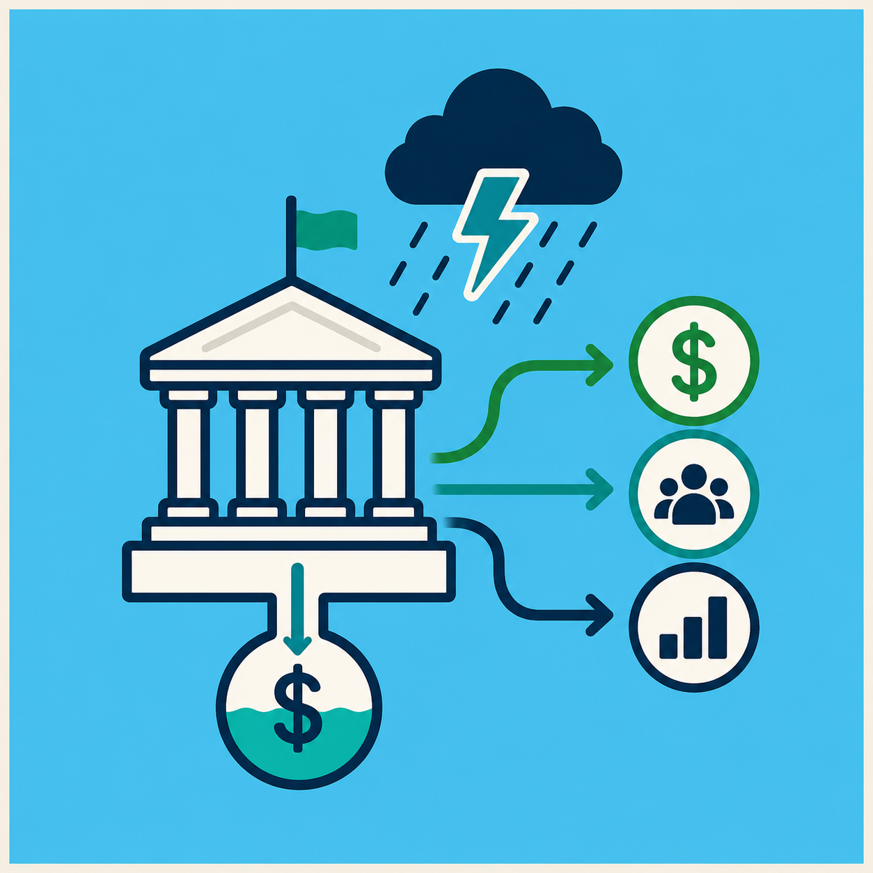 Illustration of a government building with a money bag underneath, raincloud with storm and lightning above, and arrows pointing to icons representing money, people, and statistics.