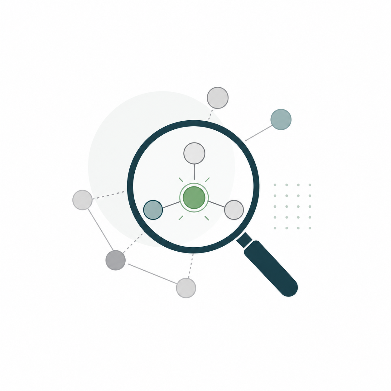 Digital illustration of a magnifying glass examining a central green node connected to other gray and blue nodes, symbolizing data analysis or network investigation.